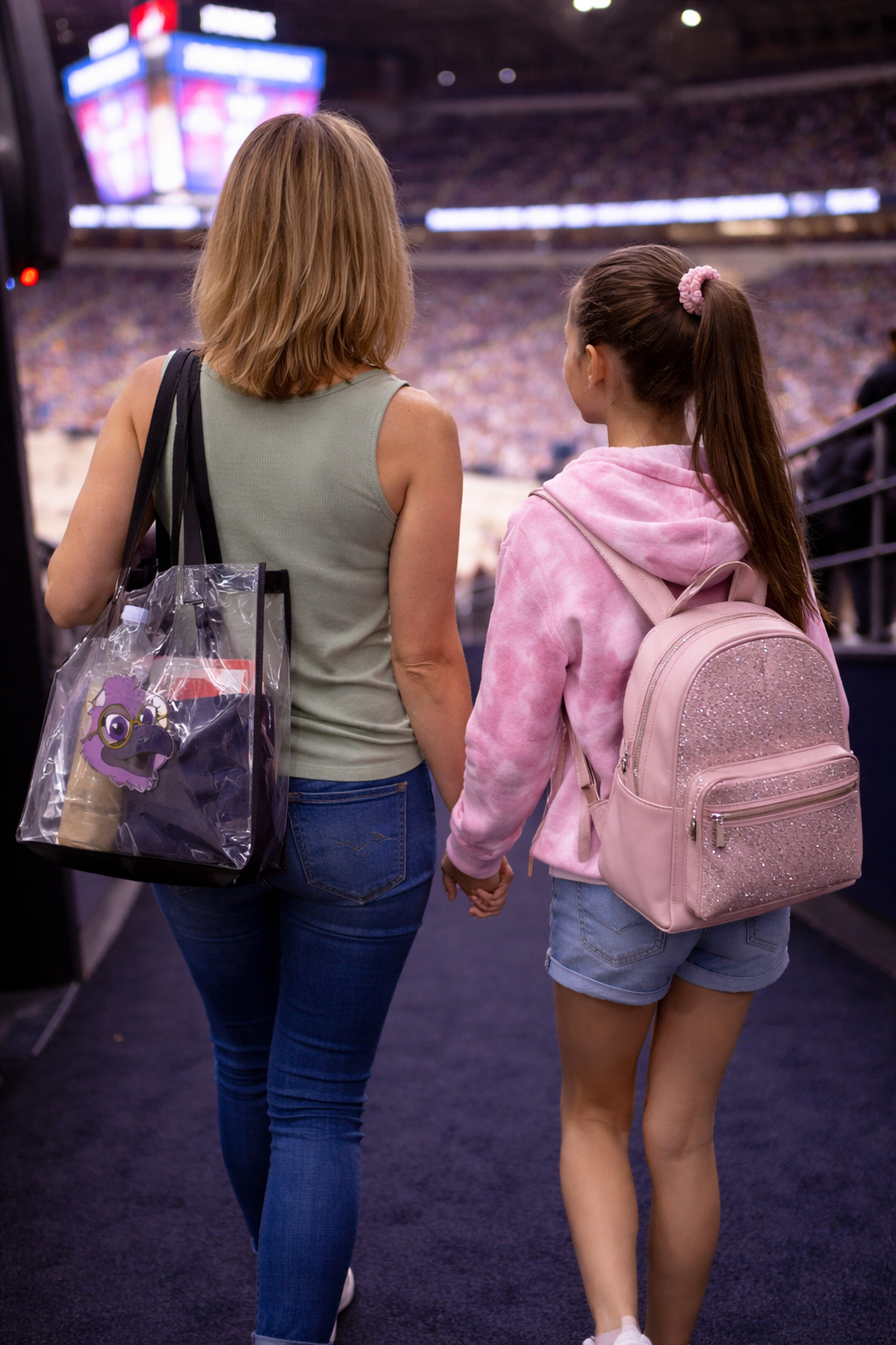 Two women walking in an indoor arena, one with a clear plastic bag and the other with a pink backpack.