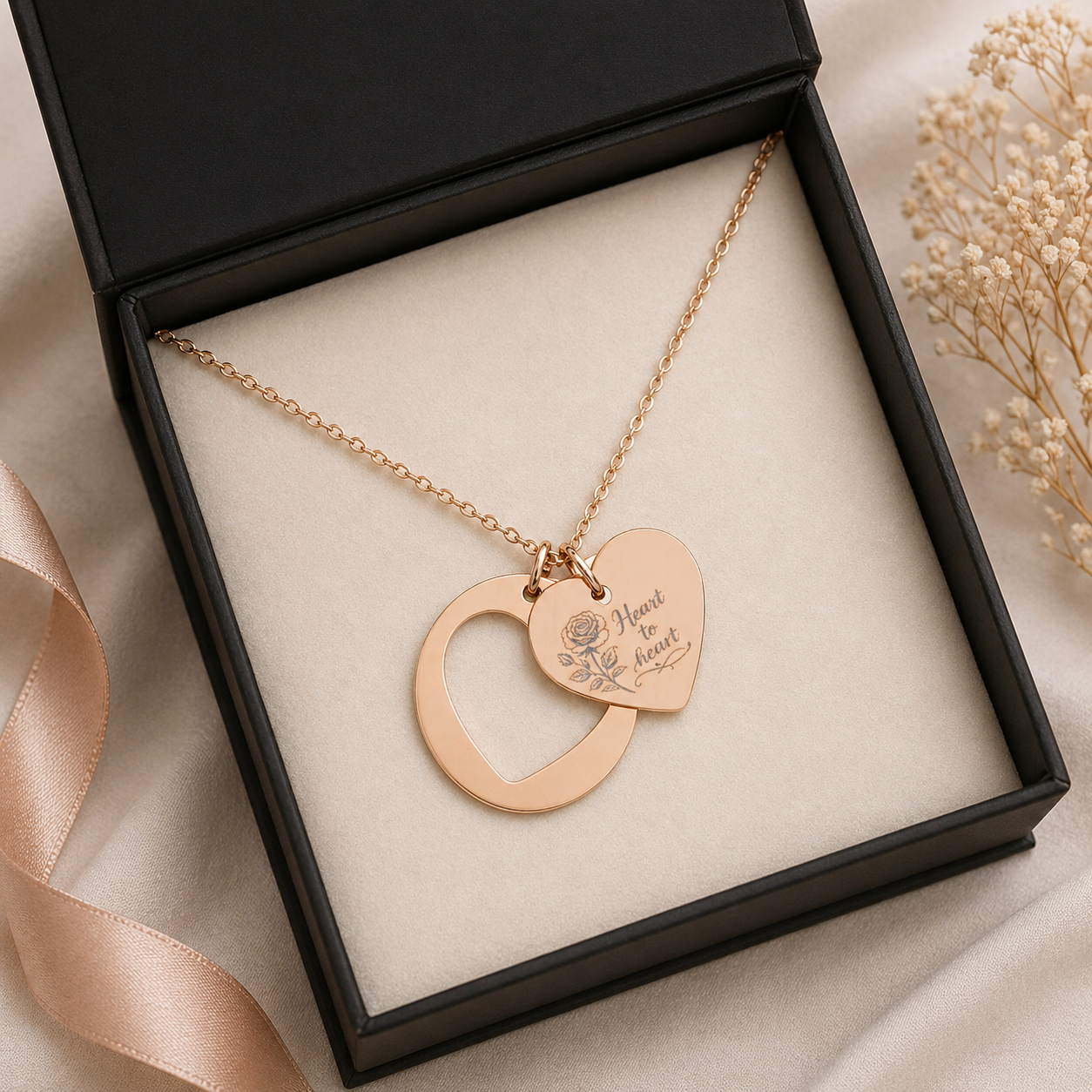 Heart to Heart Necklace – Engraved Rose Pendant Necklace, Stainless Steel, 18K Gold & Rose Gold Plated Jewelry