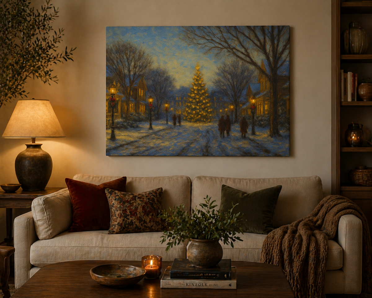 Cozy living room with a painting of a snowy street scene above a beige sofa.