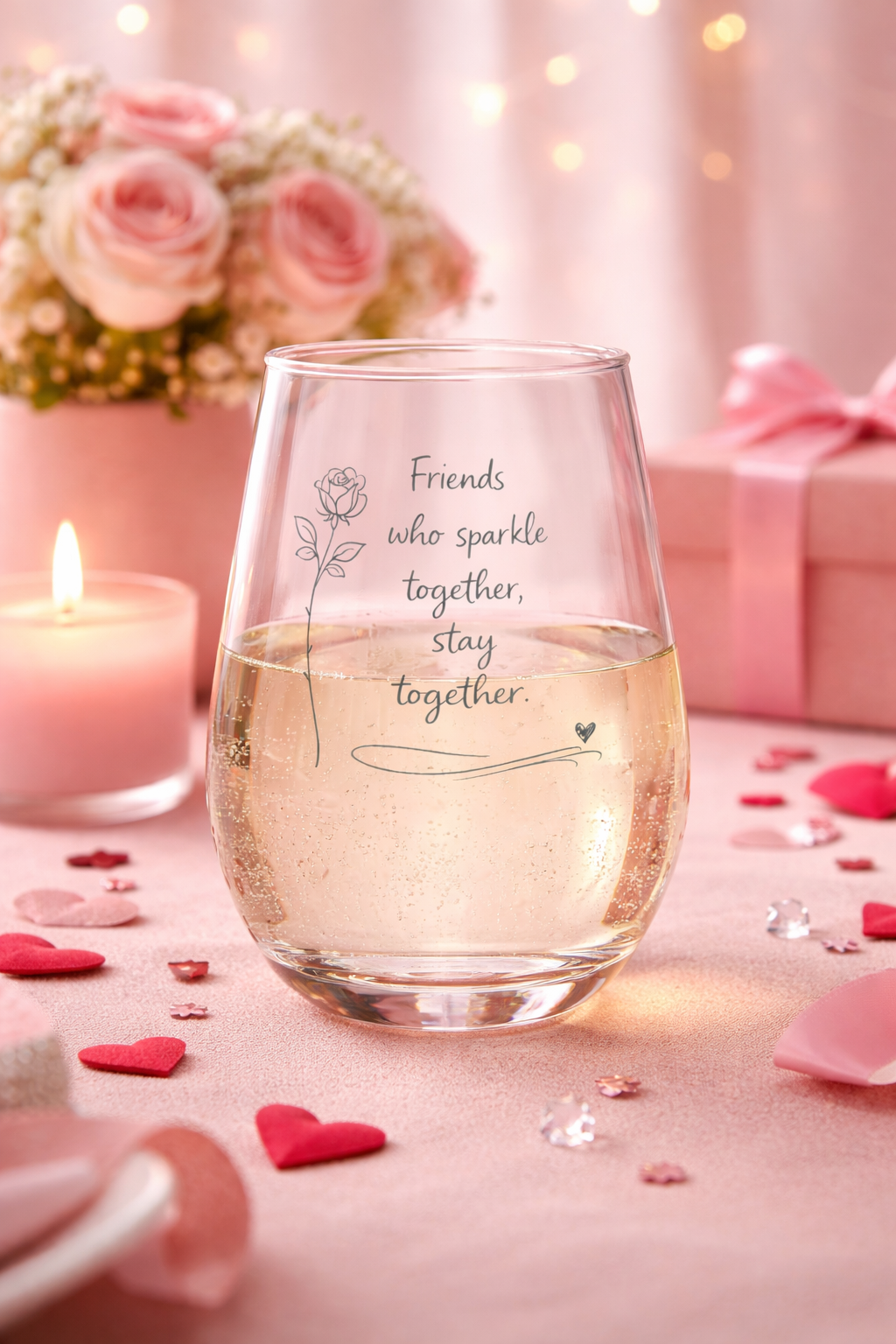 Stemless wine glass with engraved message on a romantic setting with flowers, candles, and hearts.