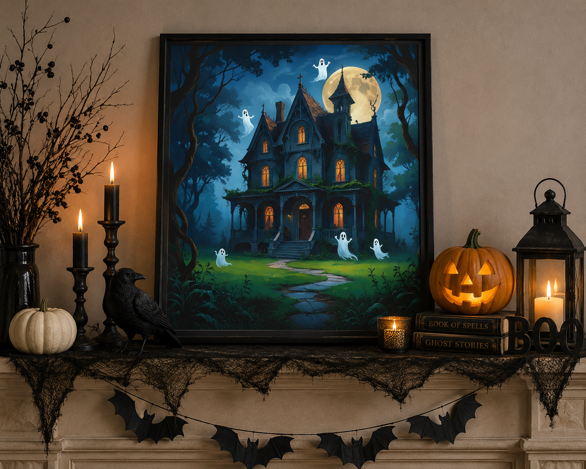 Moonlit Haunted House Halloween Poster | Cute Ghost Gothic Wall Art