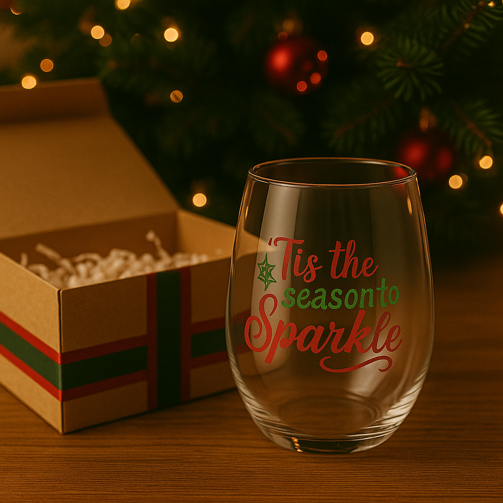 Tis the Season to Sparkle Stemless Wine Glass | Holiday Wine Glass | Christmas Gift for Her | Festive Drinkware | Party Hostess Gift