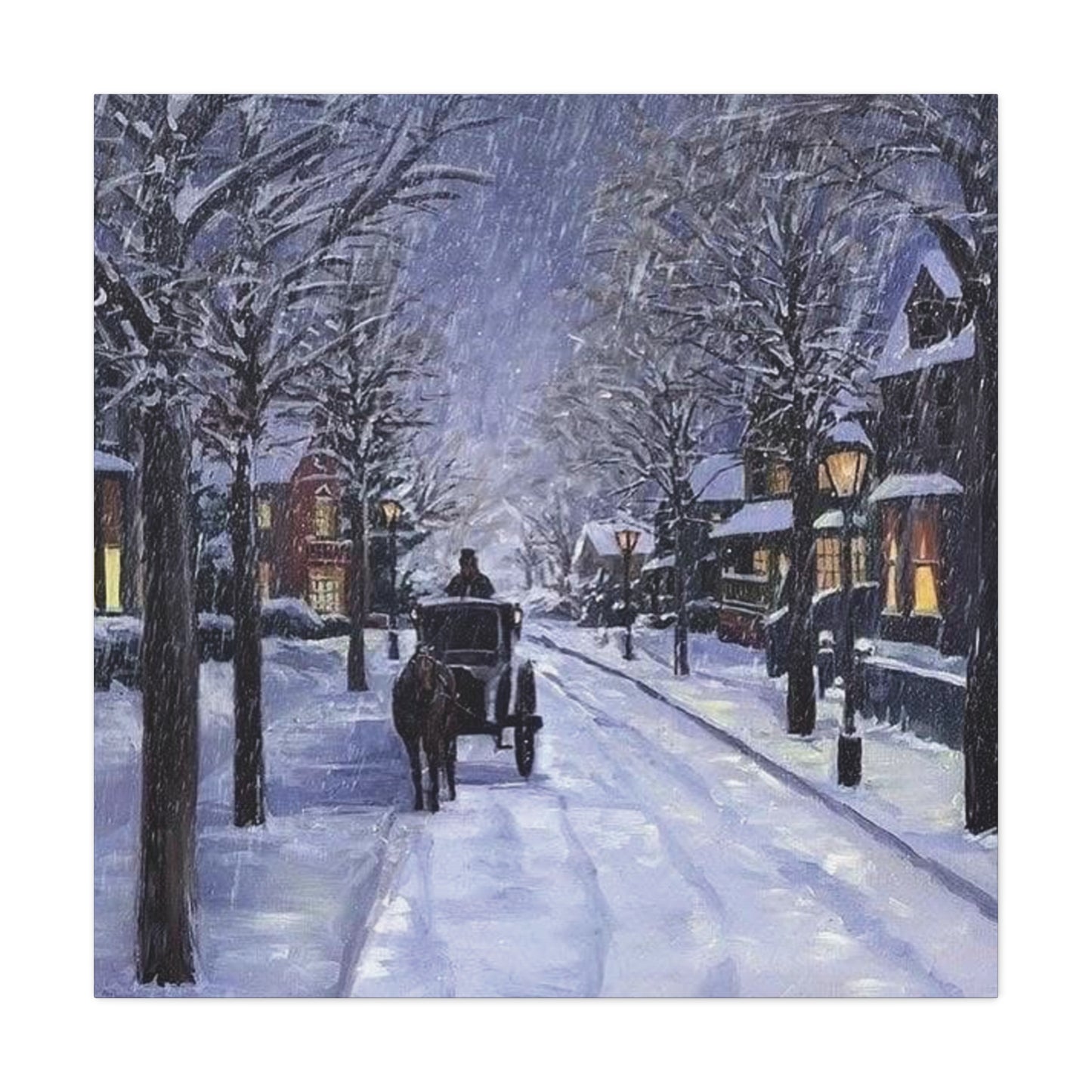 Winter scene with a horse-drawn carriage on a snow-covered street.