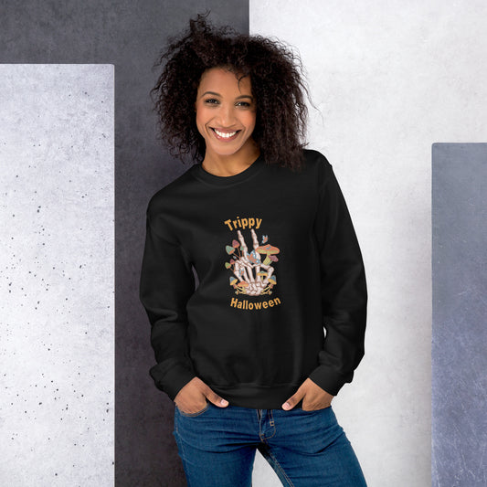 Trippy Halloween Halloween Retro Skeleton Hand Peace Sign Hippy Unisex Sweatshirt