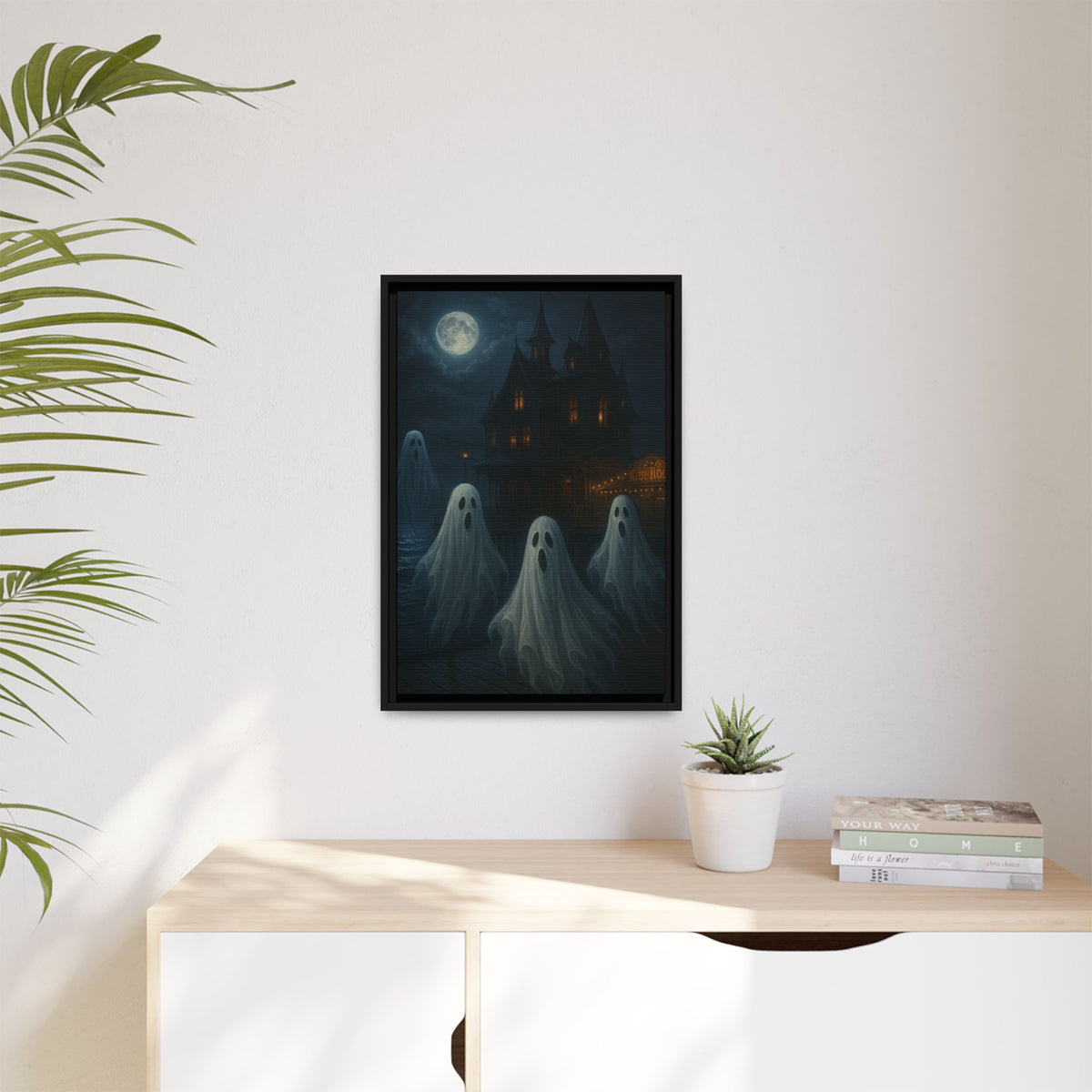 Haunted House Ghost Canvas Wall Art – Spooky Halloween Framed Art, Vintage Horror Decor, Gothic Night Scene Print