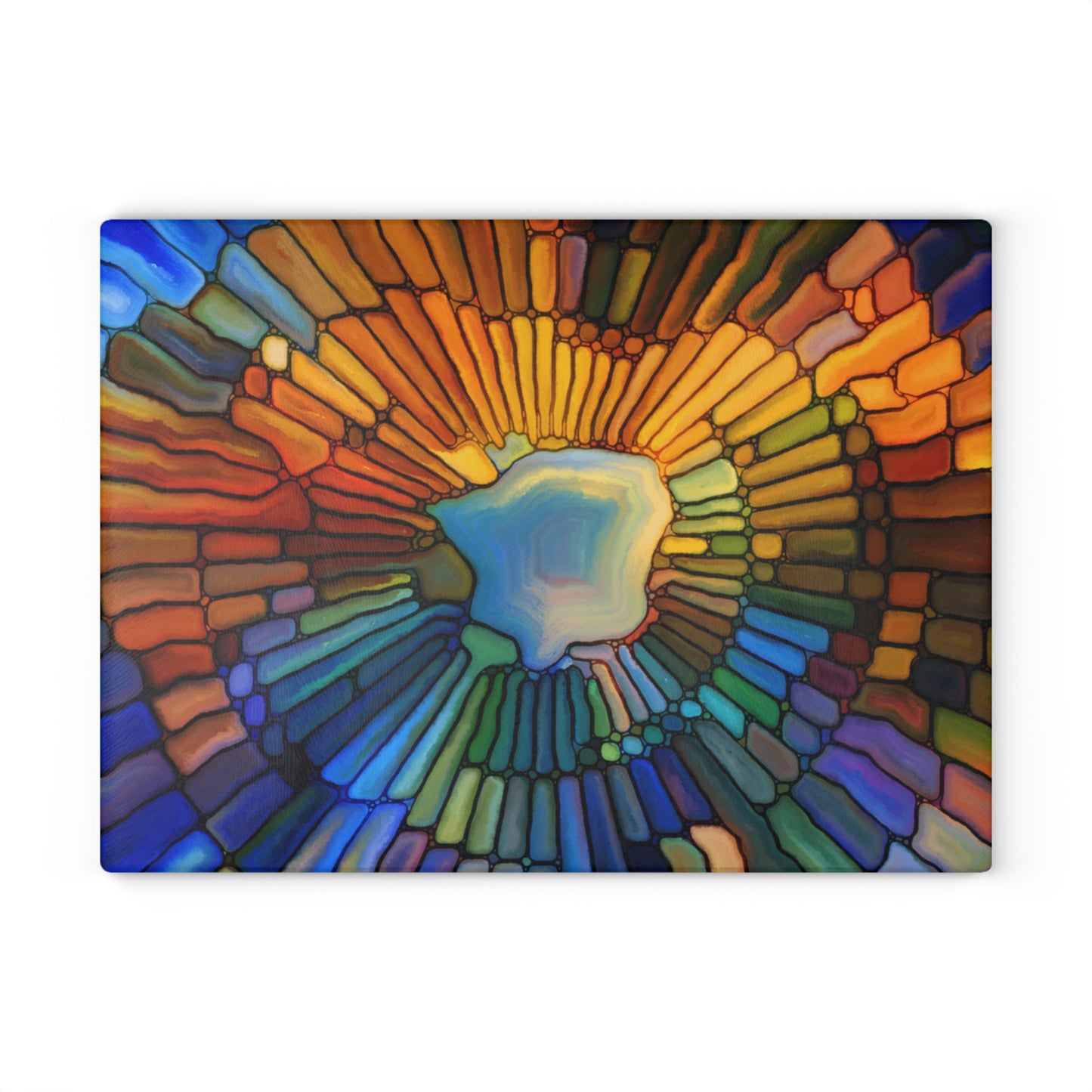 Colorful circular design with a central light effect on a white background