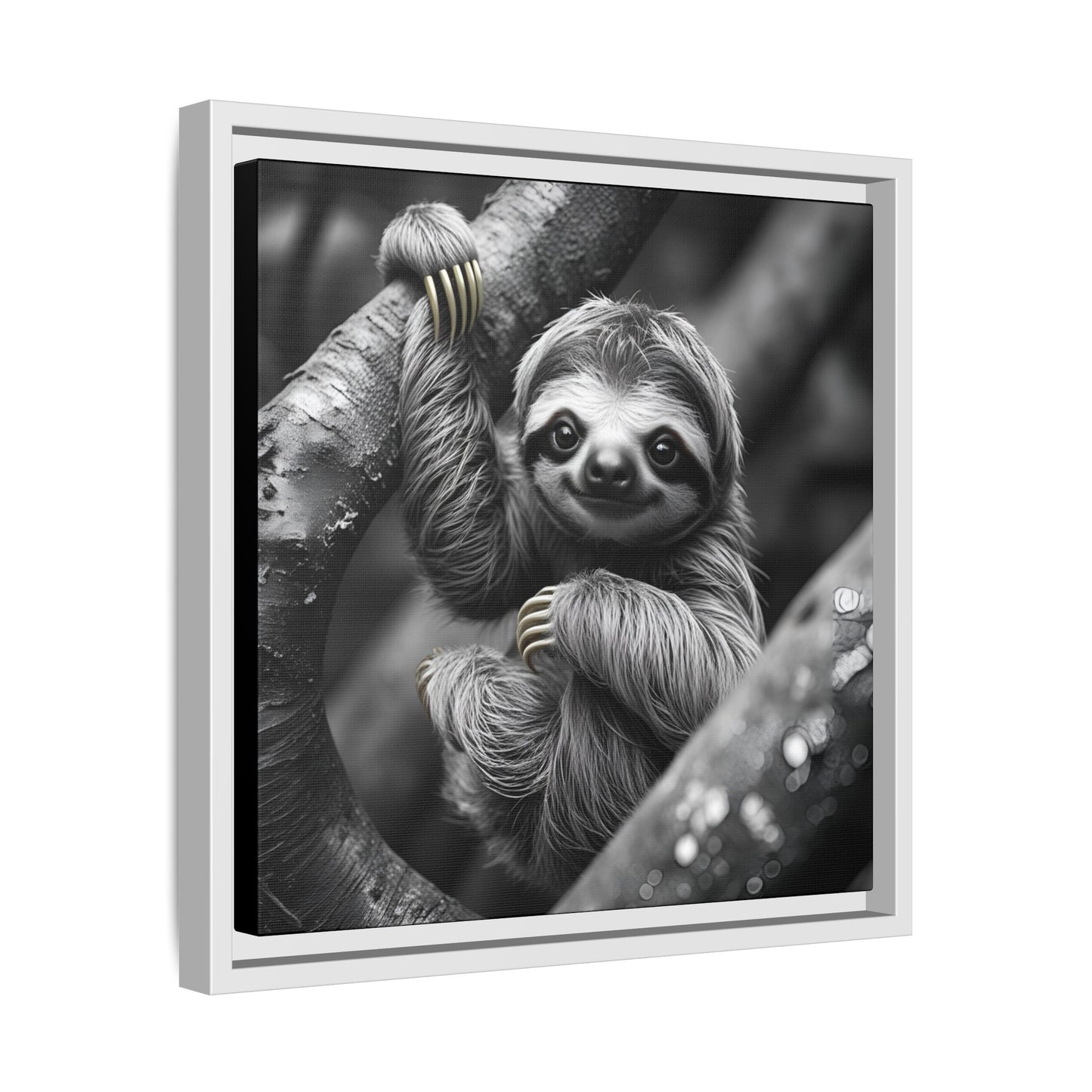 Smiling Sloth Hanging on Tree Branch Wall Art on Framed Canvas, Sloth Lover Gift, Nursery Decor, Wildlife Artwork