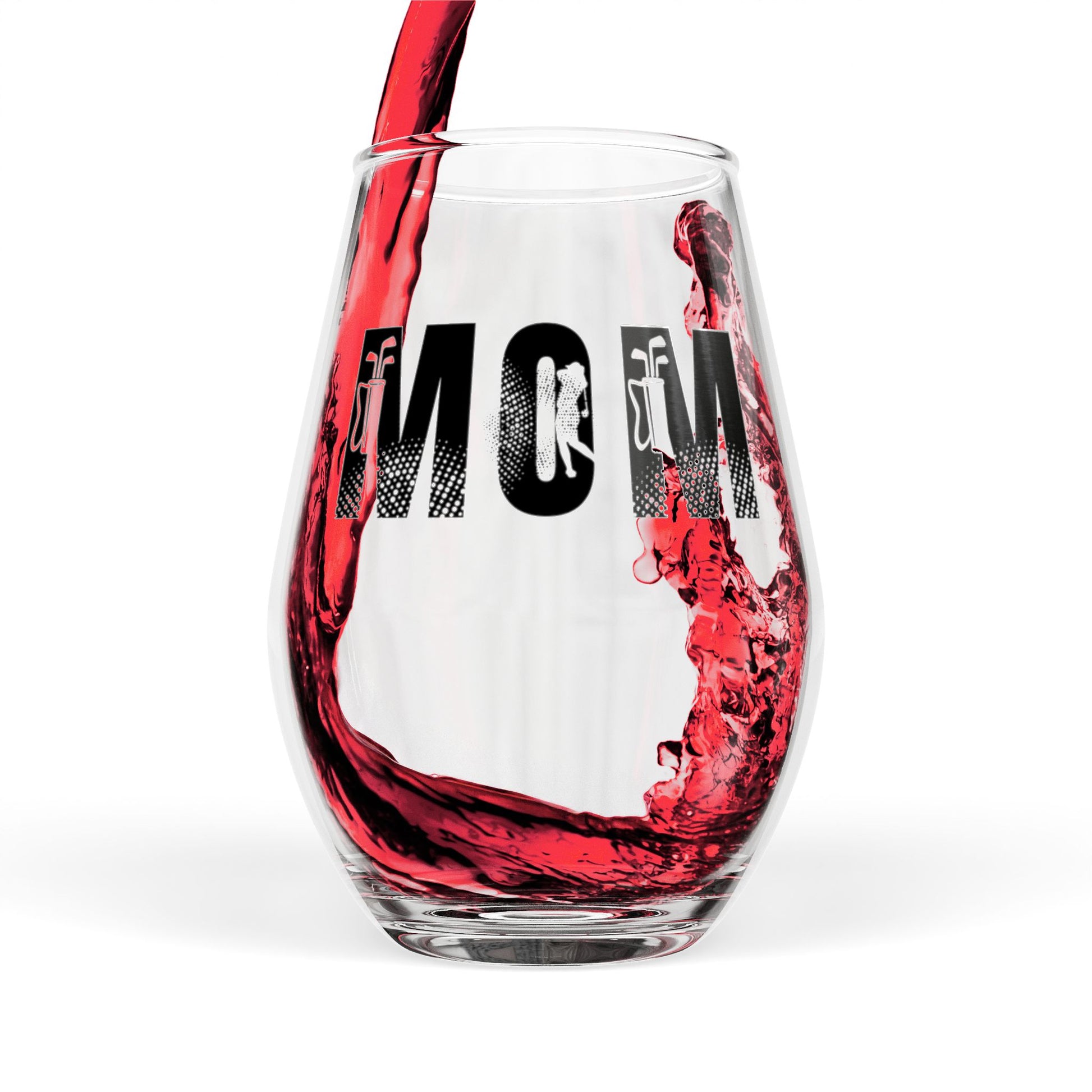 Clear wine glass with red liquid being poured, featuring the word 'MOM' on a white background.