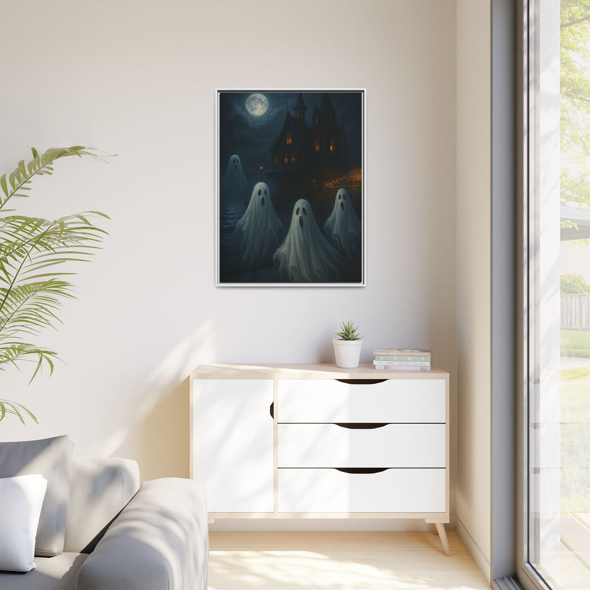 Haunted House Ghost Canvas Wall Art – Spooky Halloween Framed Art, Vintage Horror Decor, Gothic Night Scene Print