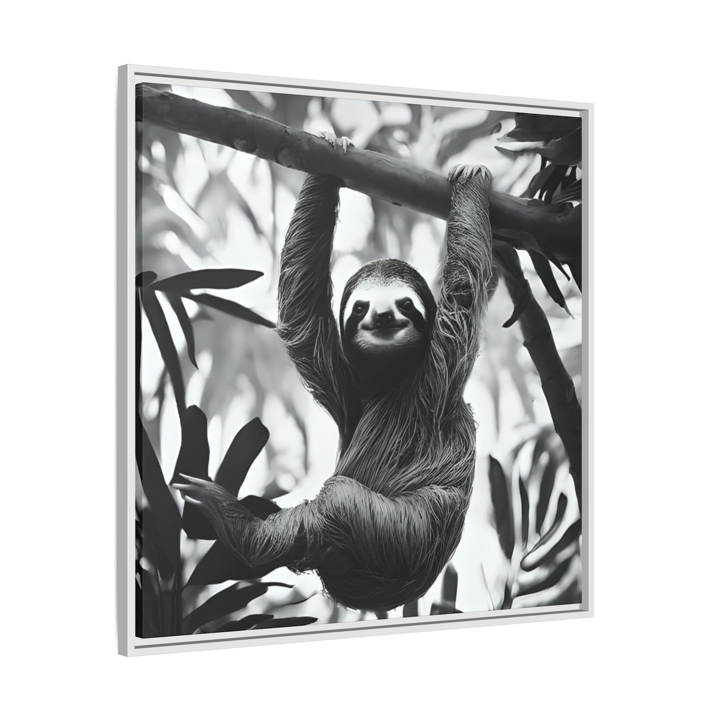 Playful Sloth Hanging from Tree Branch Black & White Animal Wall Art, Cute Sloth Photography Print, Jungle Theme Home Deco