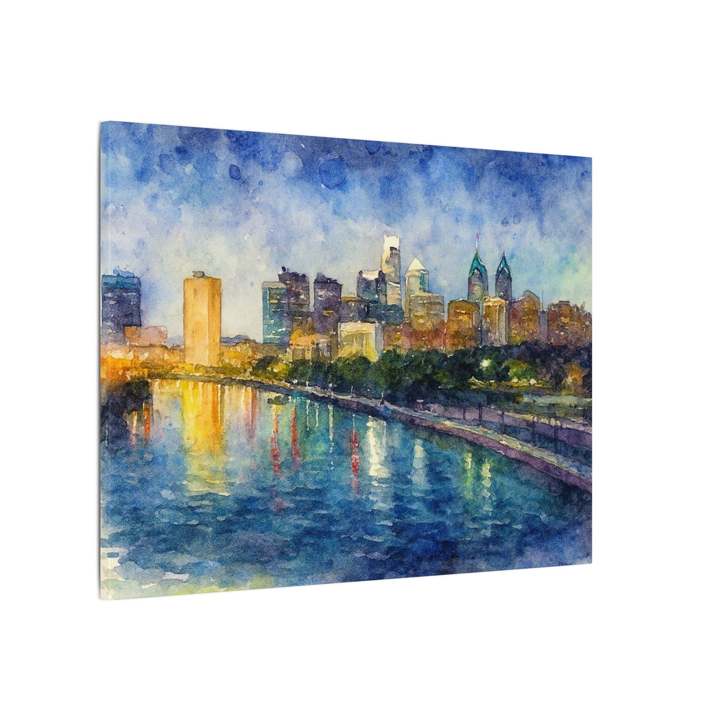 City skyline reflected in water with a blue and yellow color scheme