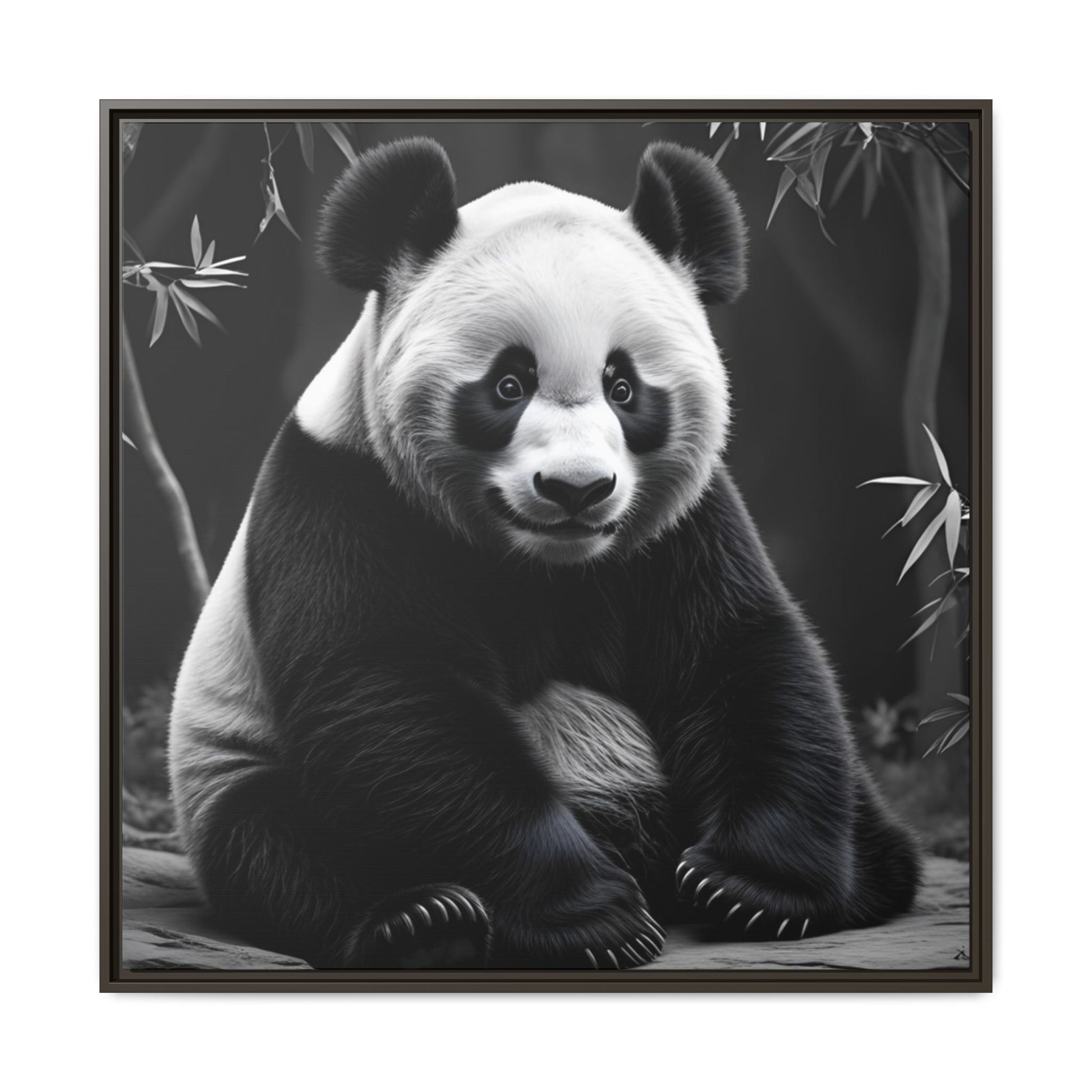 Black and white panda bear sitting on a branch with bamboo leaves in the background