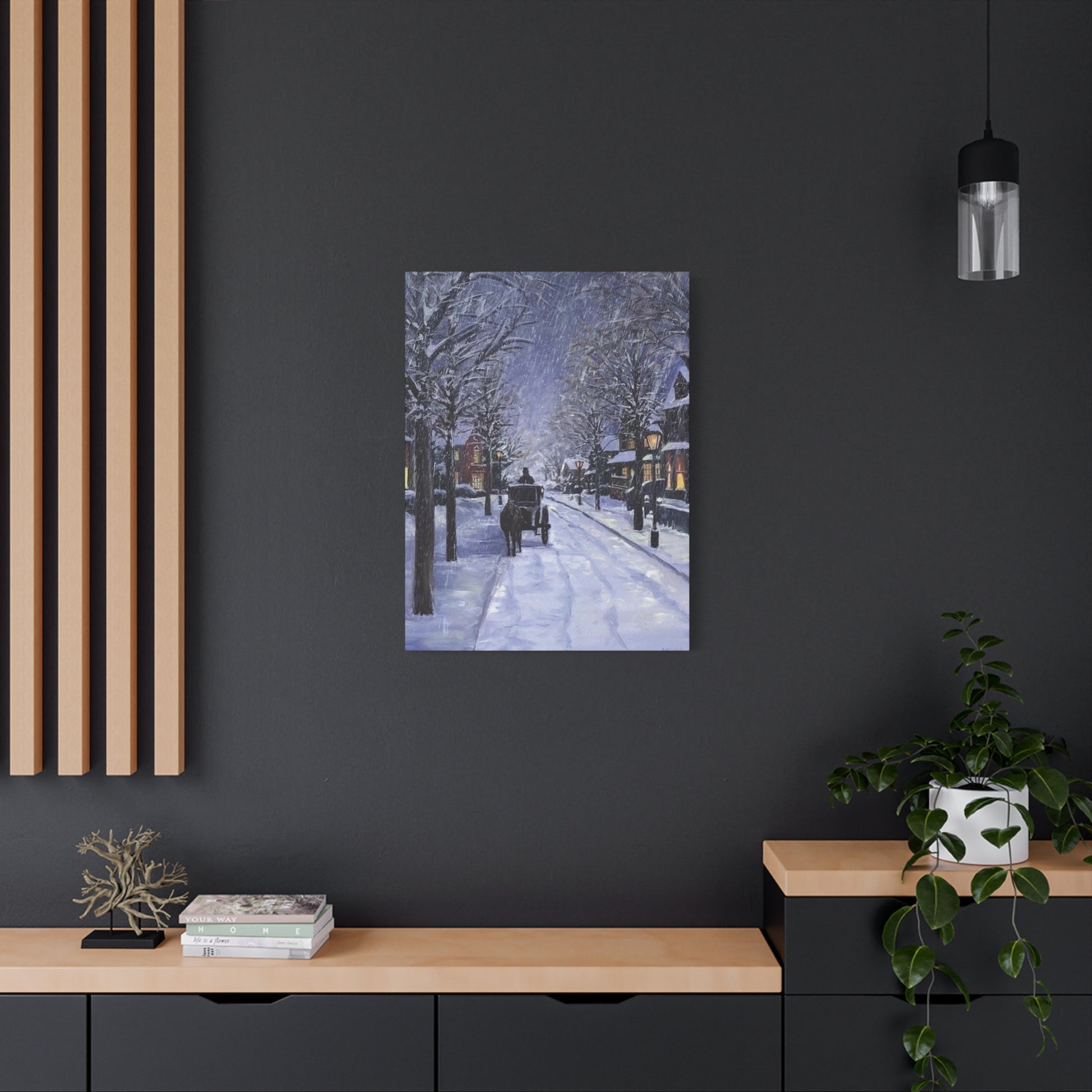 Framed artwork of a snowy street scene on a dark wall with wooden shelves and decor.