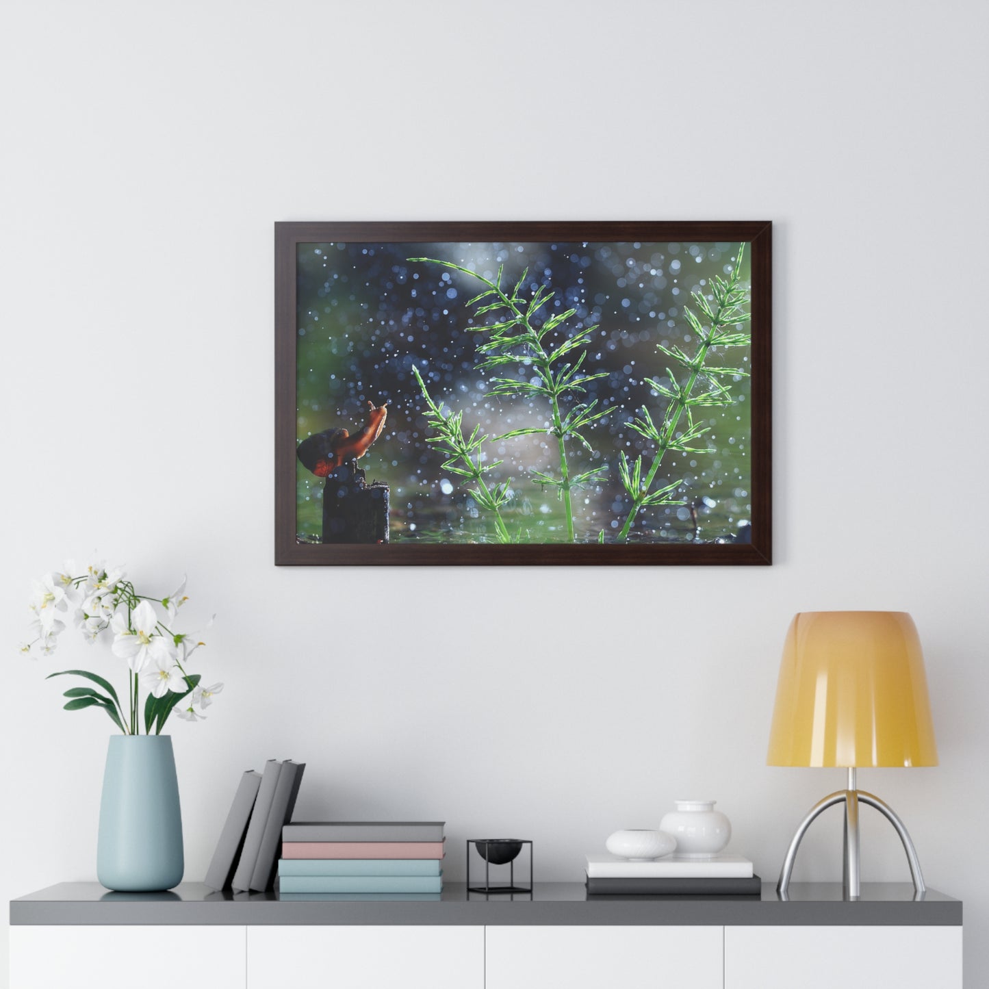 Snail Nature Wall Art – Rain Macro Botanical Print, Zen Forest Decor, Moody Nature, Calm Mindfulness Wall Art