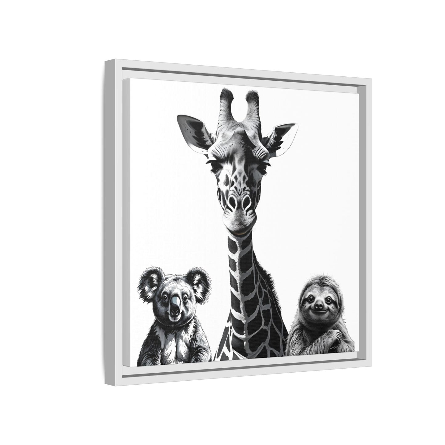 Framed artwork of a giraffe, koala, and sloth on a white background