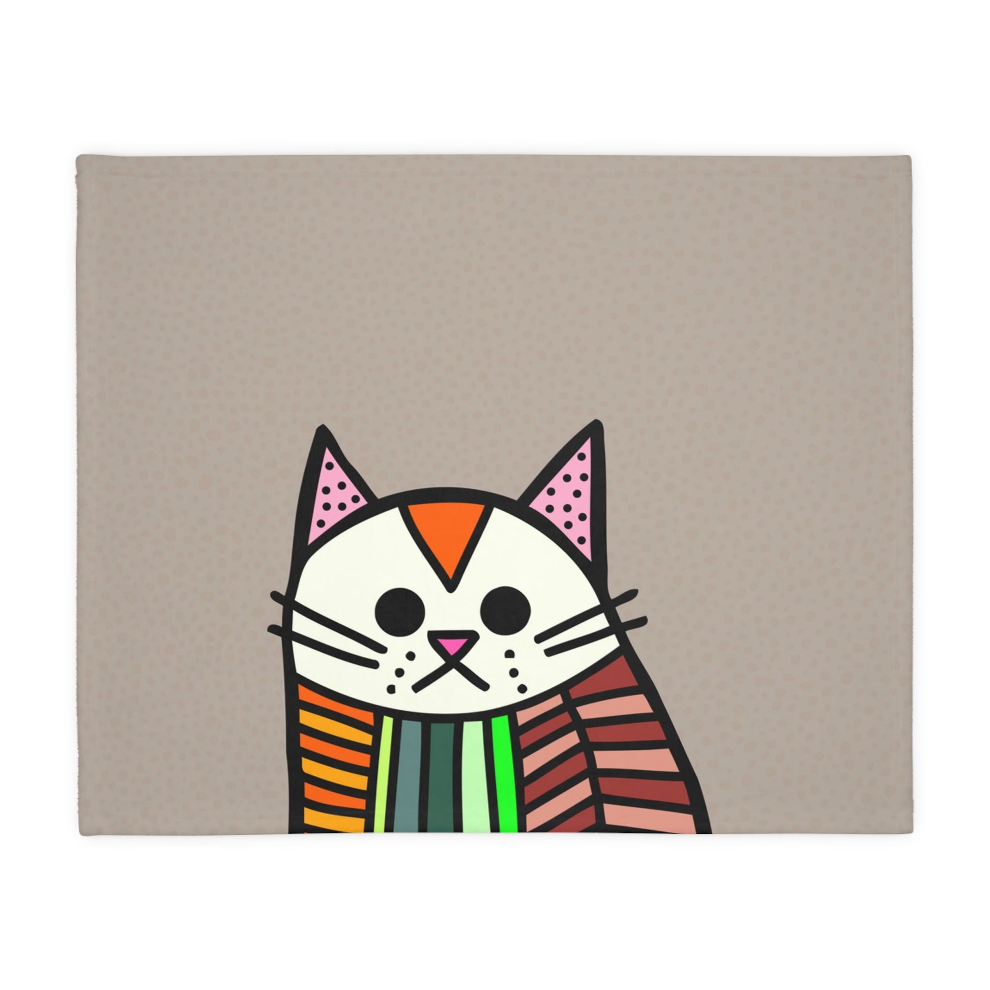 Colorful abstract cat face design on a beige background