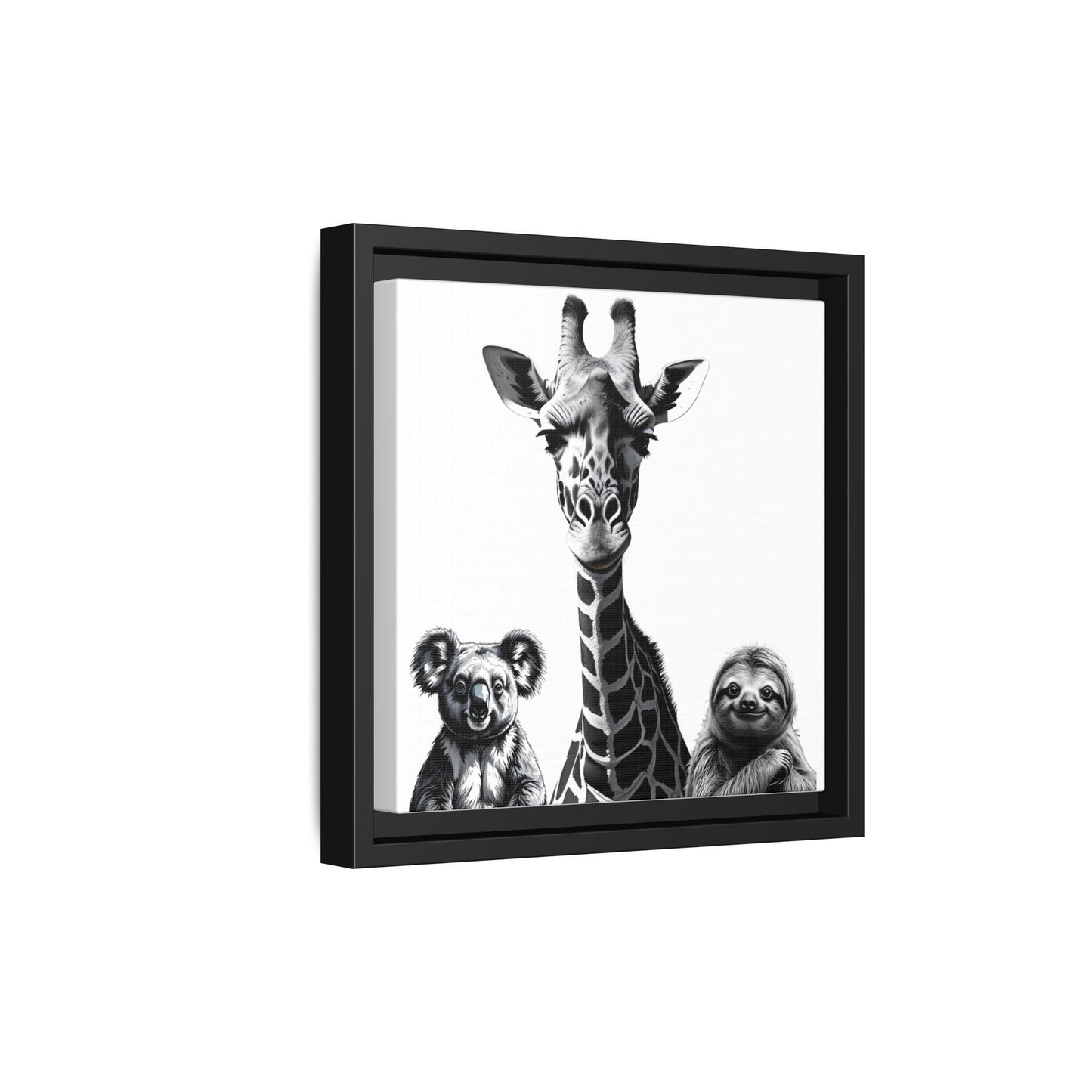 Framed artwork of a giraffe flanked by two koalas on a white background
