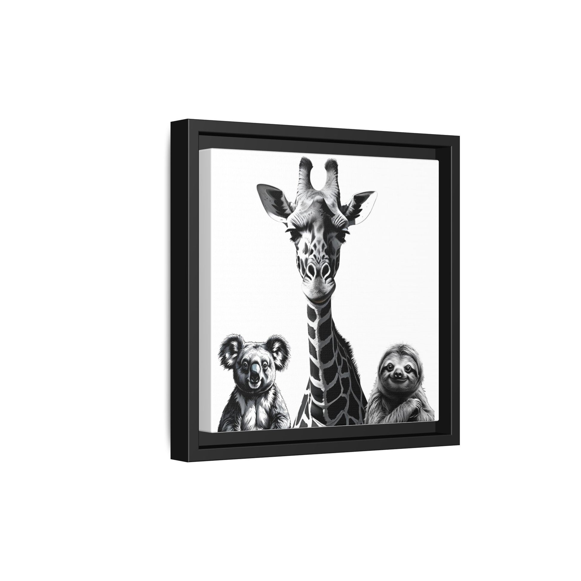 Framed artwork of a giraffe flanked by two koalas on a white background