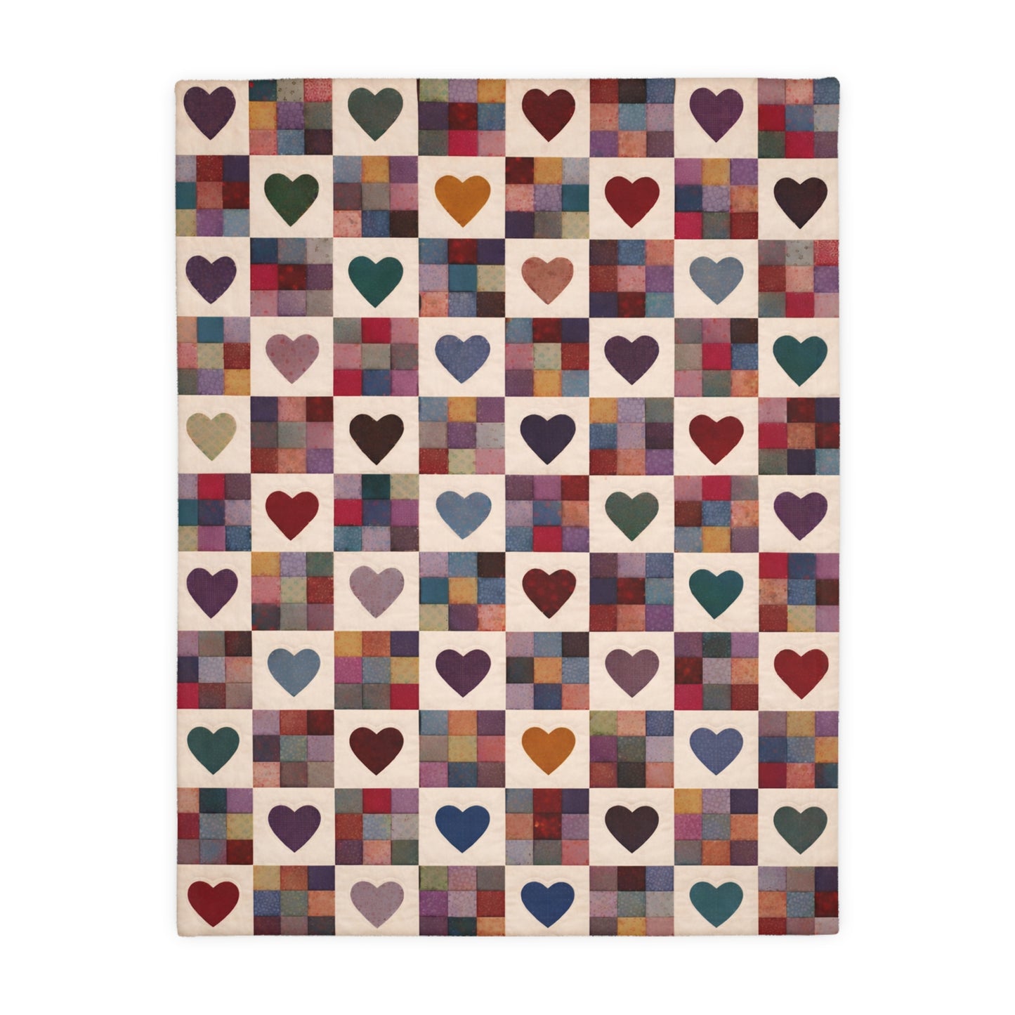 Multicolored checkered rug with heart patterns on a white background