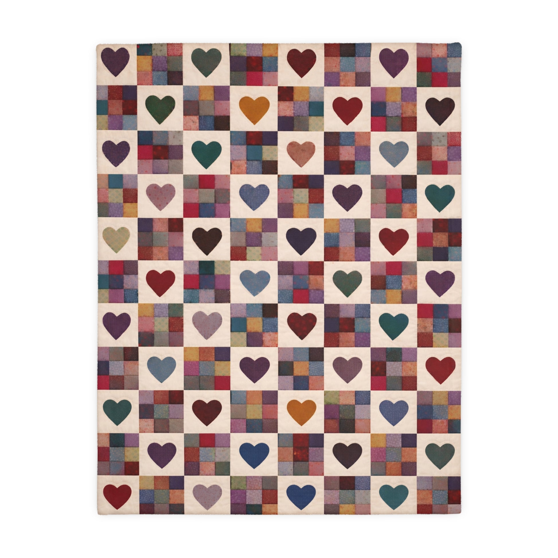 Multicolored checkered rug with heart patterns on a white background