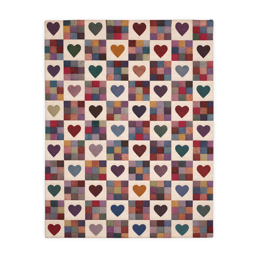 Patchwork Hearts Microfiber Blanket, Cozy Quilt Style Throw, Farmhouse Cottagecore Rustic Blanket, Valentine Heart Decor