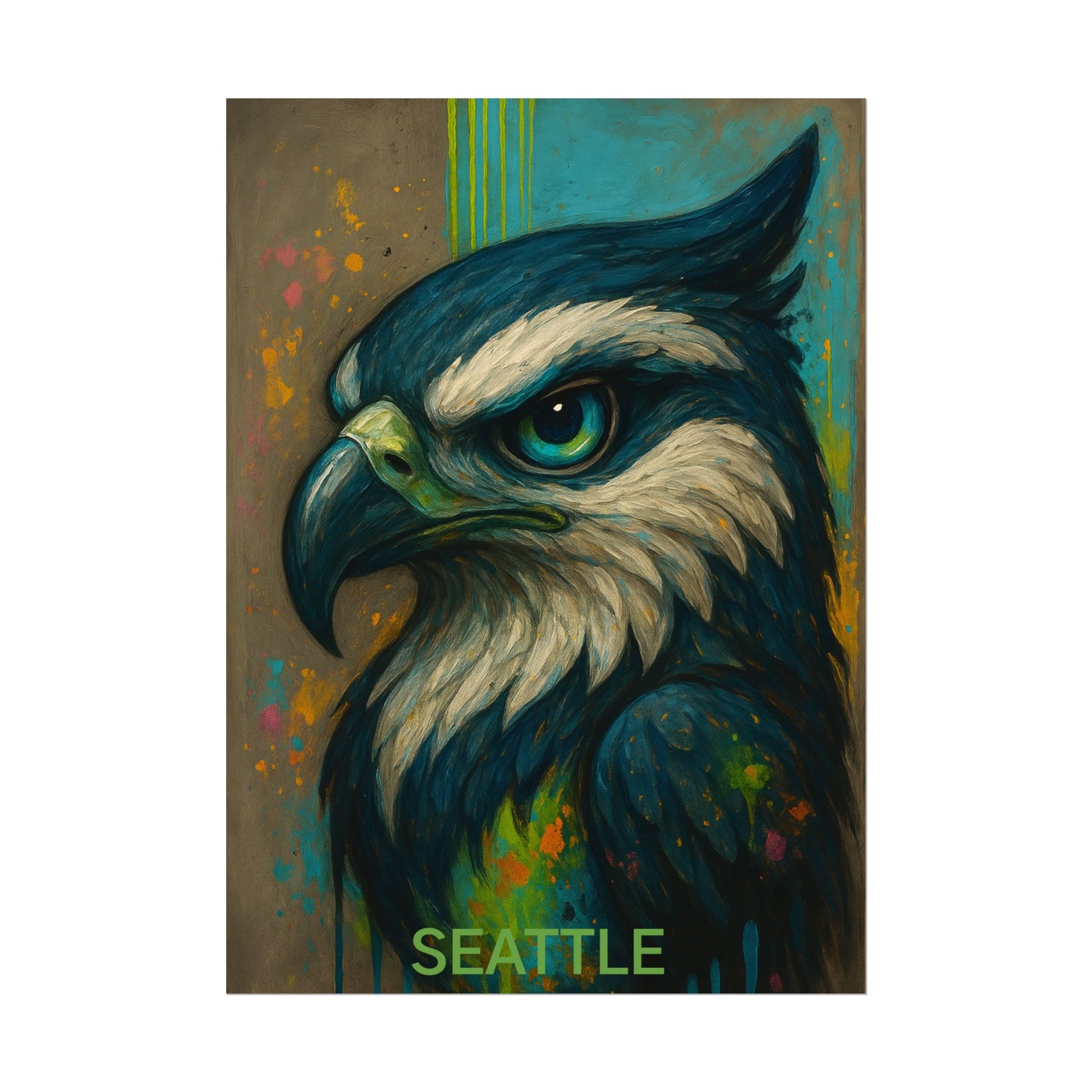 Artistic depiction of an hawk with 'Seattle' text on a colorful background