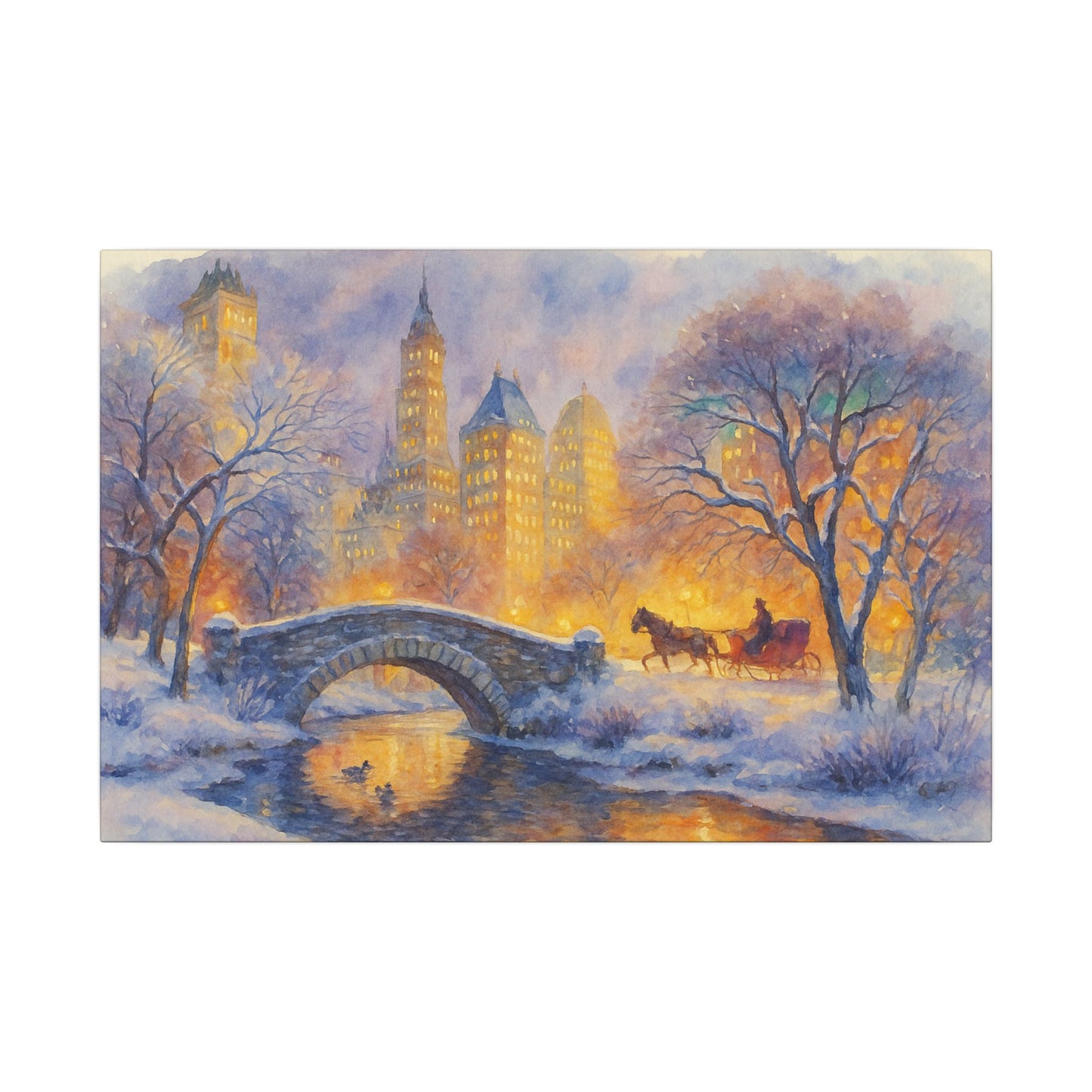 Winter scene with a horse-drawn carriage, bridge, and buildings in the background.