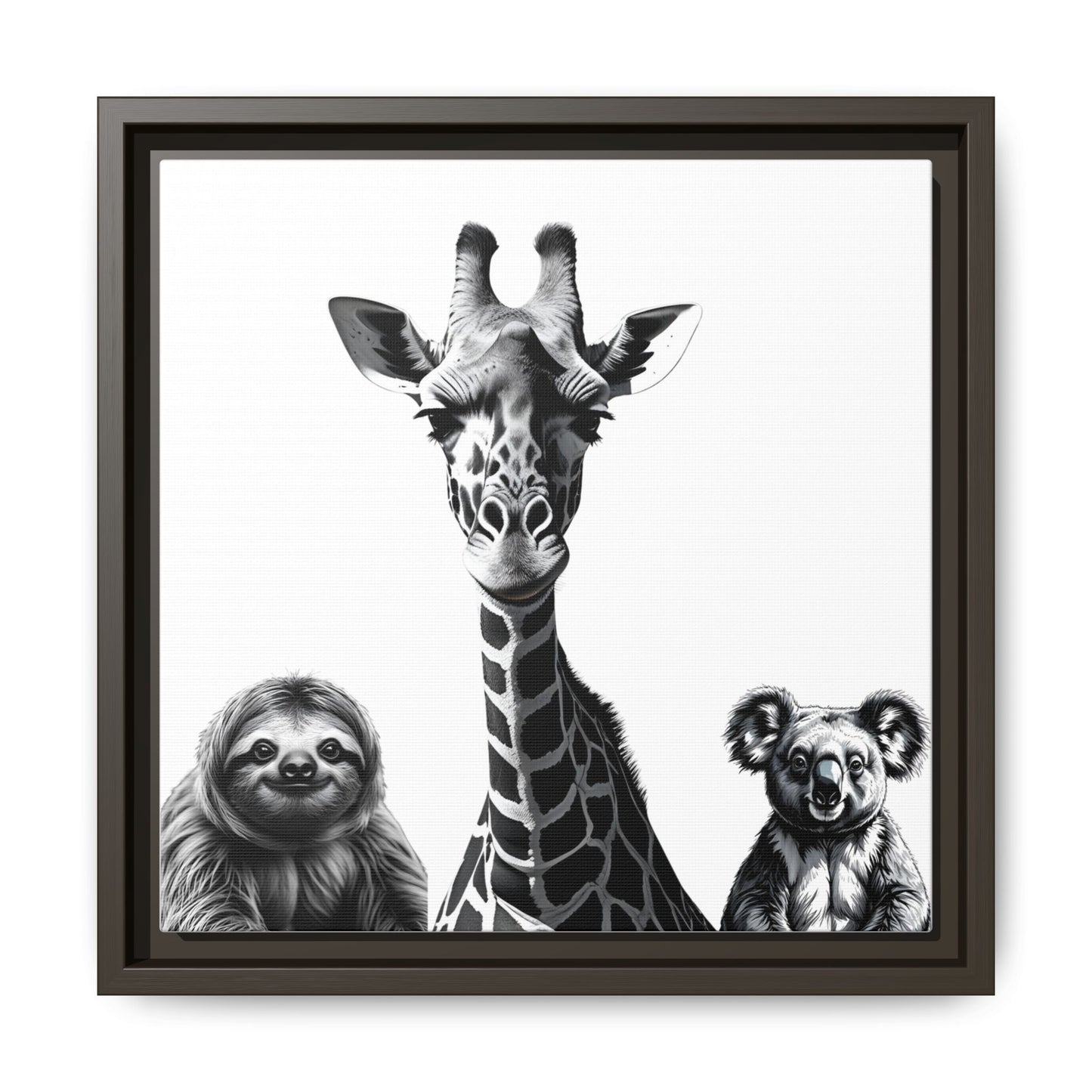 framed playful animal giraffe, sloth, koala print