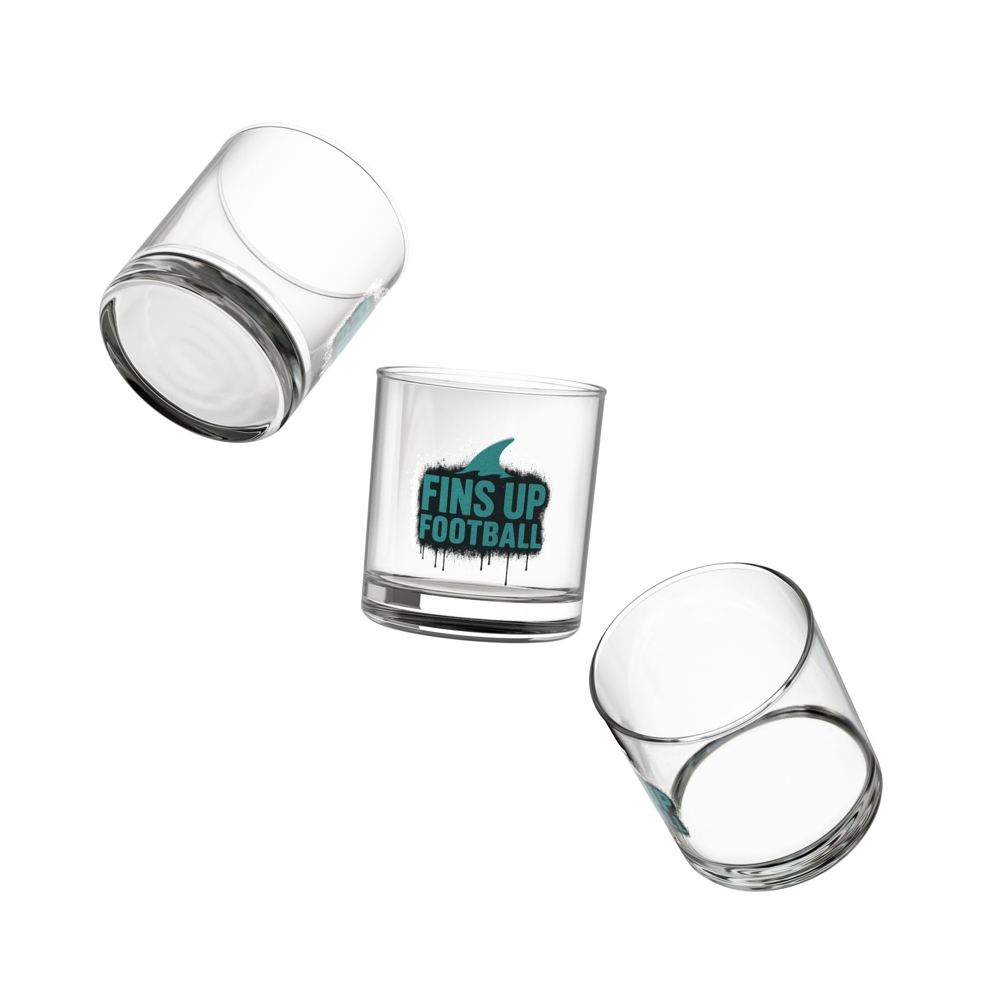 Three clear glass tumblers with a logo on a white background
