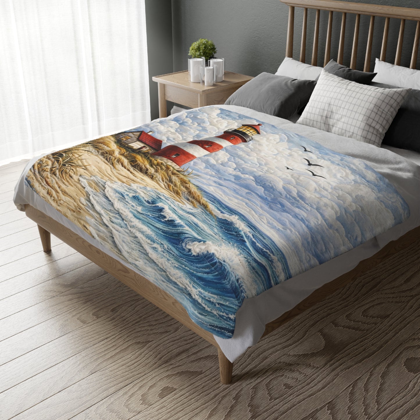 Coastal Lighthouse Blanket – Nautical Ocean Waves Throw | Beach House Bedding | Soft Plush Microfiber Blanket