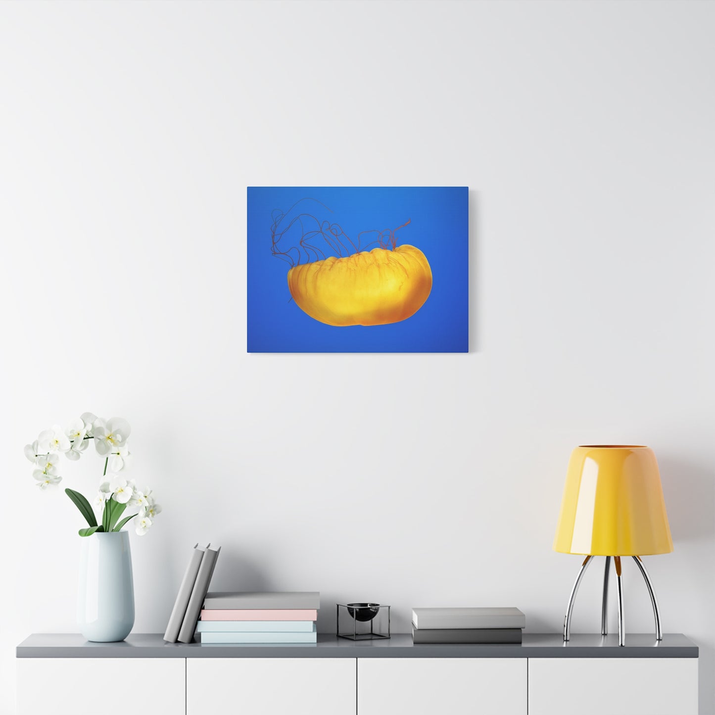 Golden Jellyfish Canvas Wall Art | Ocean Photography Print | Coastal Home Decor | Marine Life Artwork | Blue Sea Jellyfish Poster 1.25"