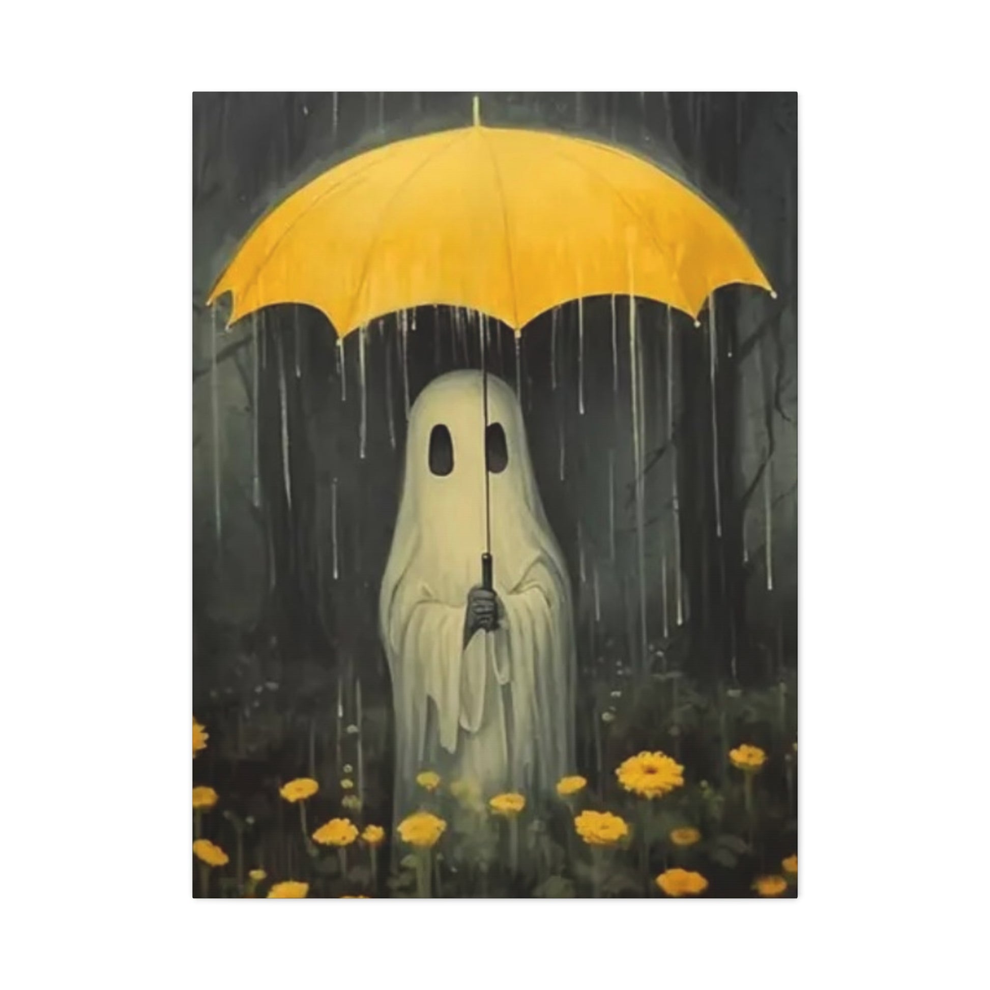 Ghost holding a yellow umbrella in a rain-soaked forest with yellow flowers.