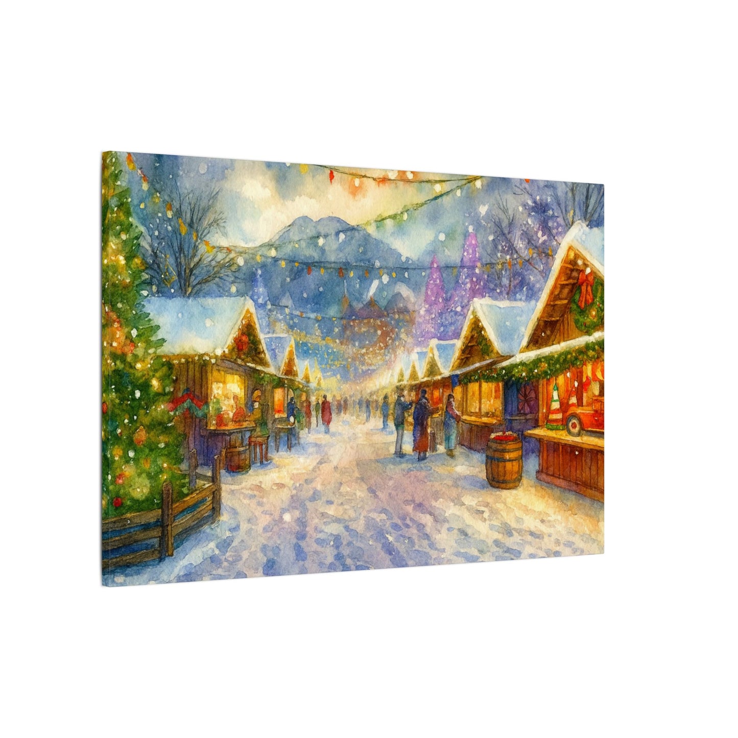 Winter market scene with snow-covered roofs and people walking, set against a mountainous background.