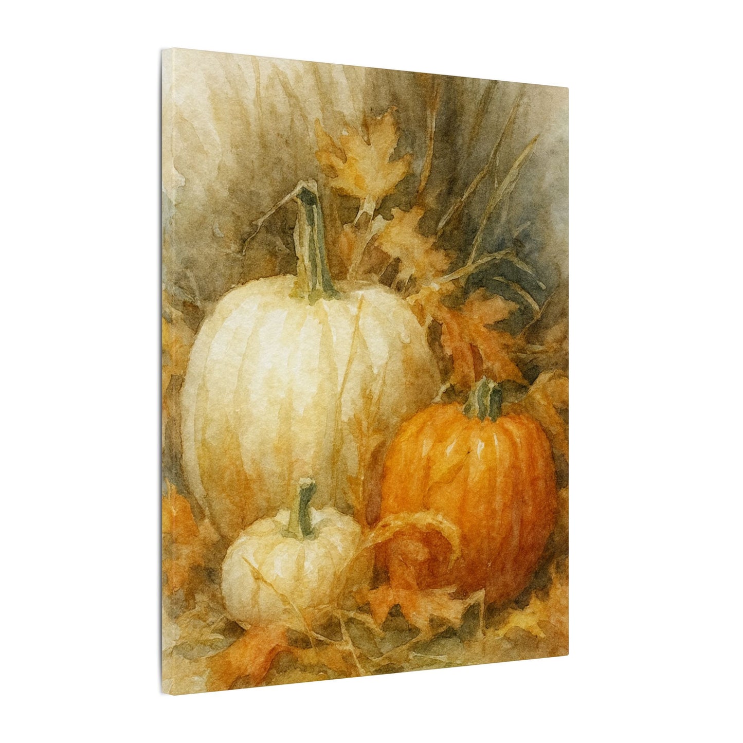 Decorative panel with pumpkins and autumn leaves on a textured background