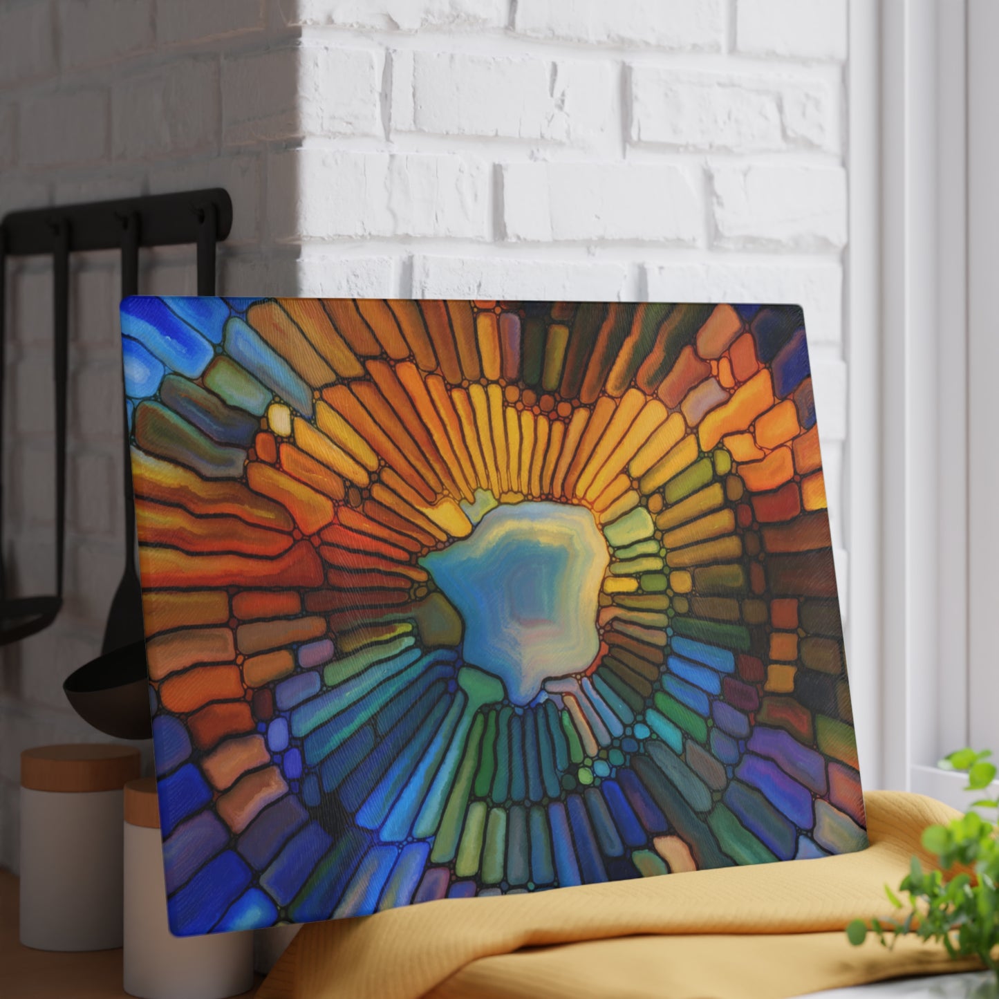Stained Glass Sunburst Glass Cutting Board | Colorful Mosaic Kitchen Board