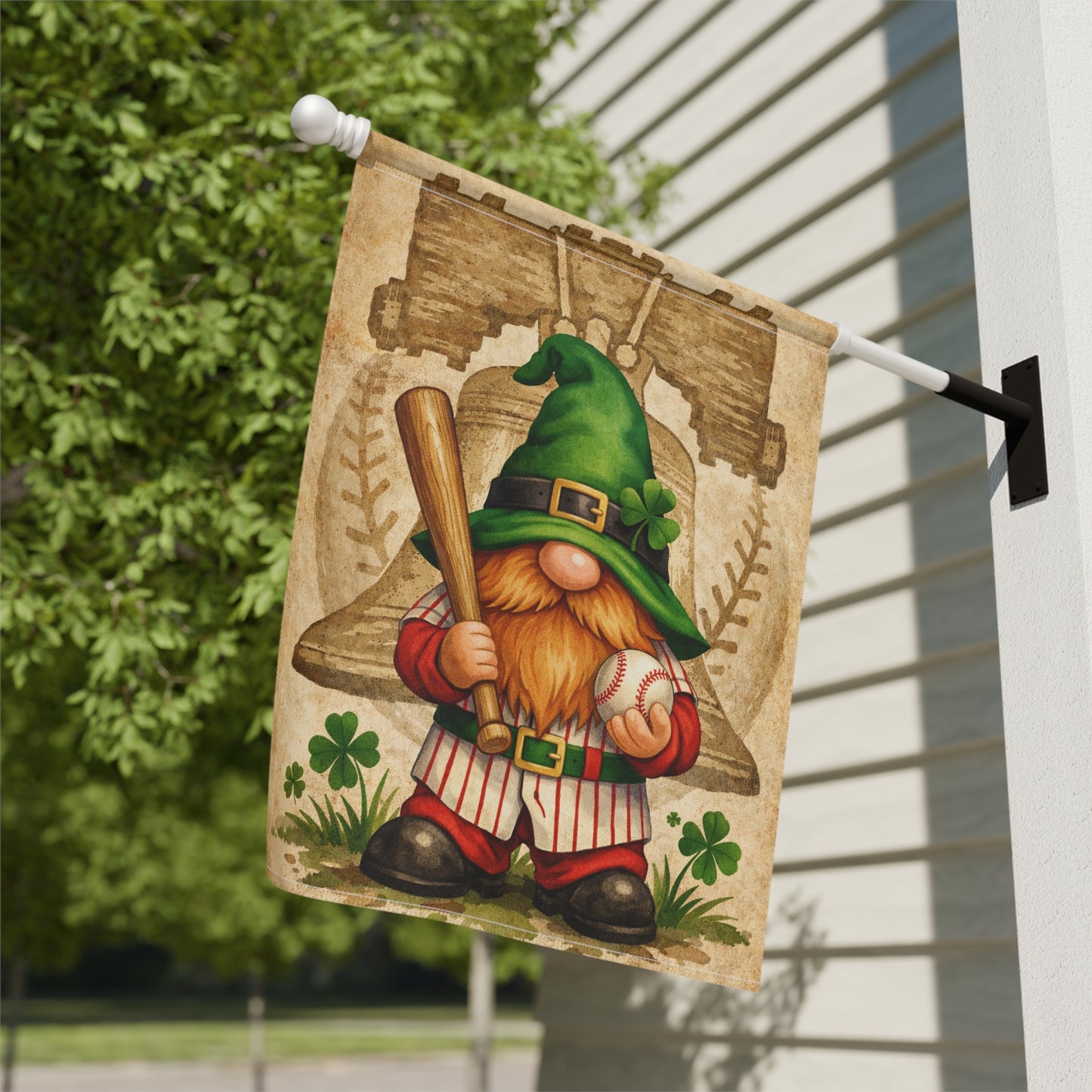 St Patrick’s Day Gnome Garden Flag – Irish Baseball Gnome with Liberty Bell & Shamrocks | Green Outdoor Decor