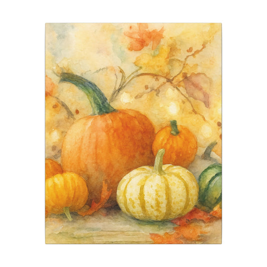 Painting of pumpkins and gourds with a floral background