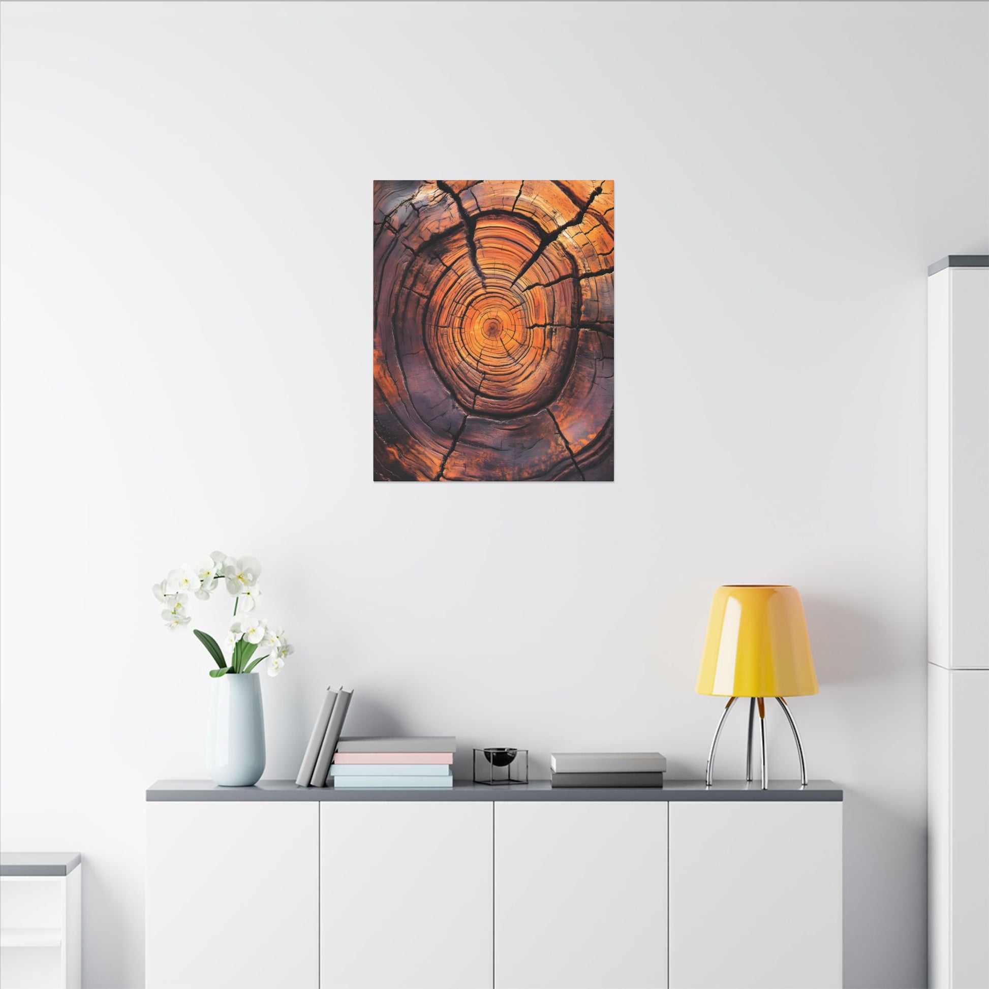 Artistic depiction of tree rings on a wall in a modern interior setting.