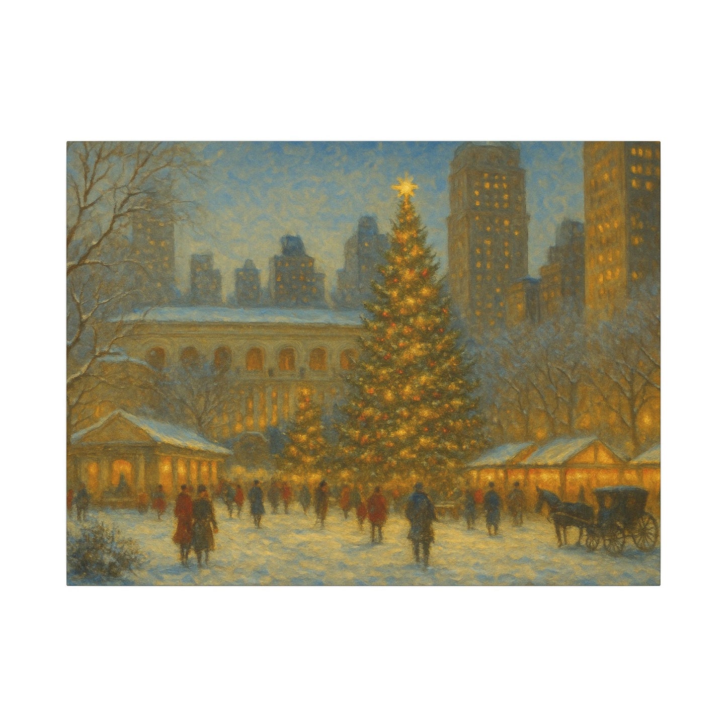 Winter scene with a decorated Christmas tree in an urban setting