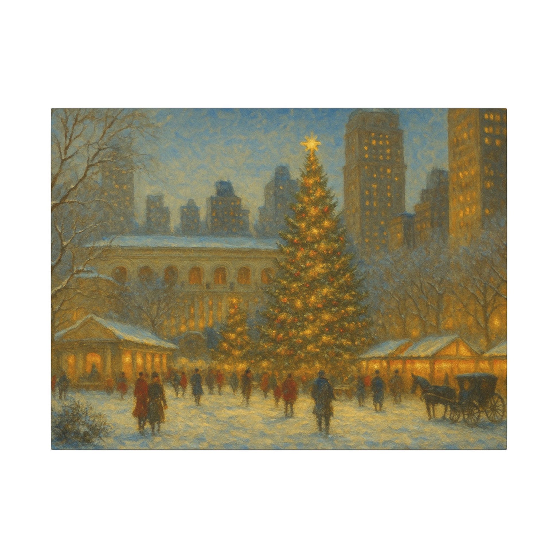 Winter scene with a decorated Christmas tree in an urban setting
