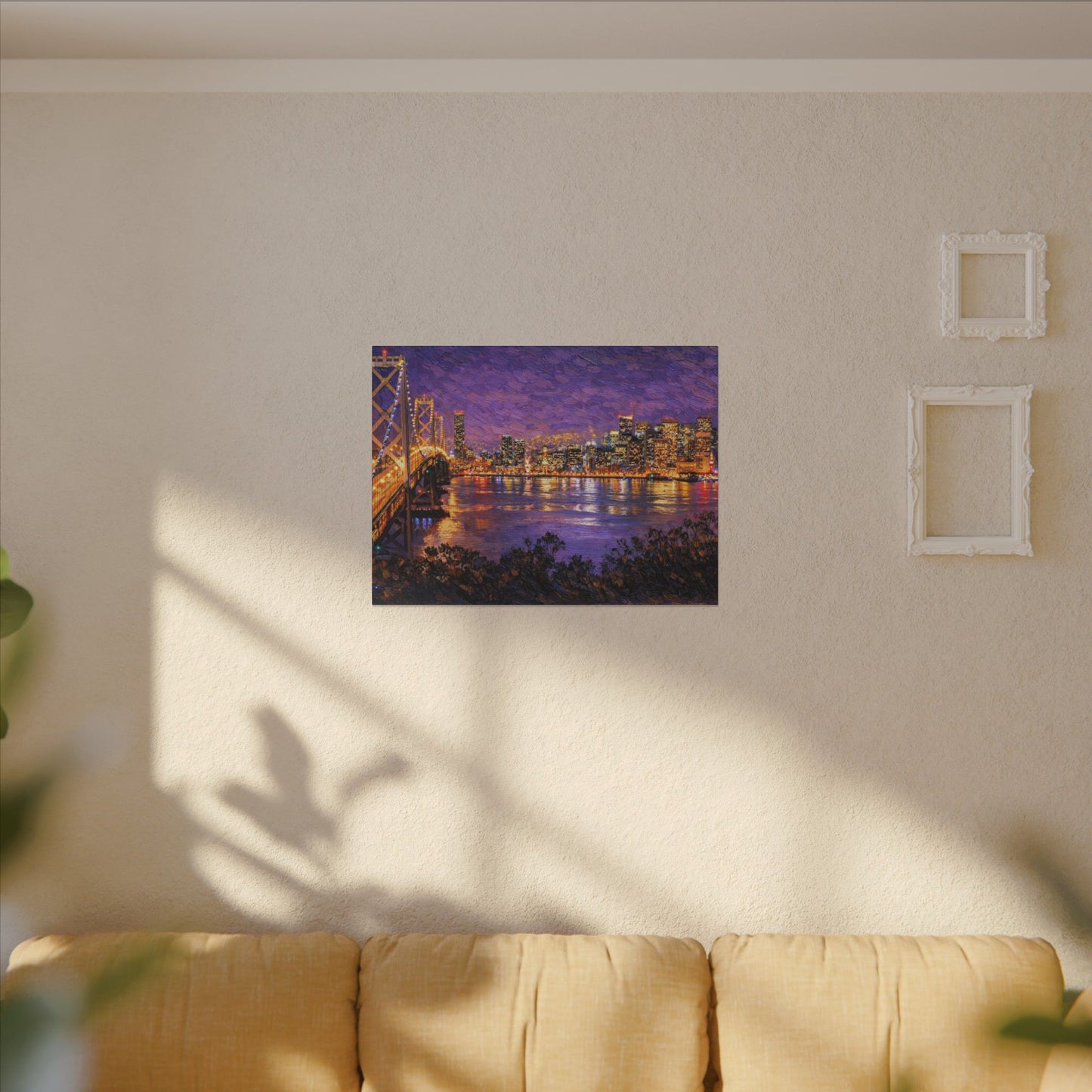 San Francisco Skyline Canvas Wall Art, Bay Bridge Night Painting, Impasto Style Artwork
