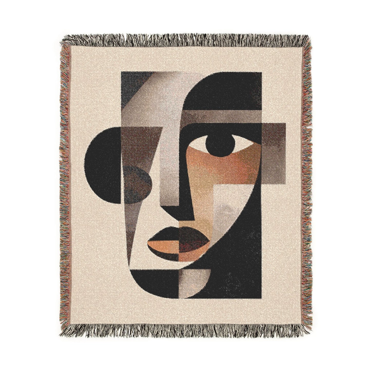 Abstract geometric design on a woven blanket with fringe