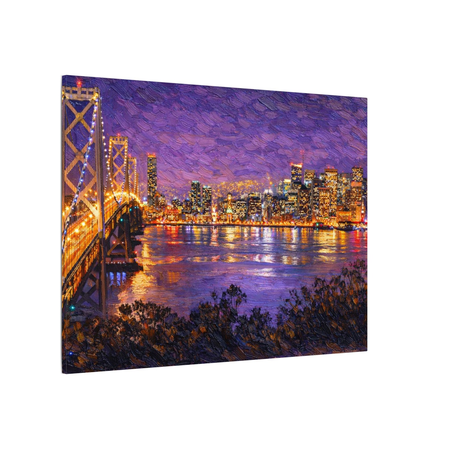 San Francisco Skyline Canvas Wall Art, Bay Bridge Night Painting, Impasto Style Artwork