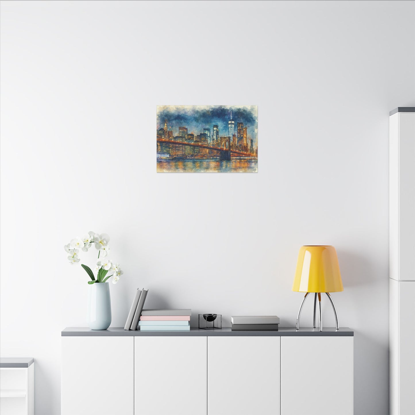 NYC Skyline Watercolor Art Print, Brooklyn Bridge Night Painting, New York City Wall Decor, Skyline Canvas Print, Urban Landscape