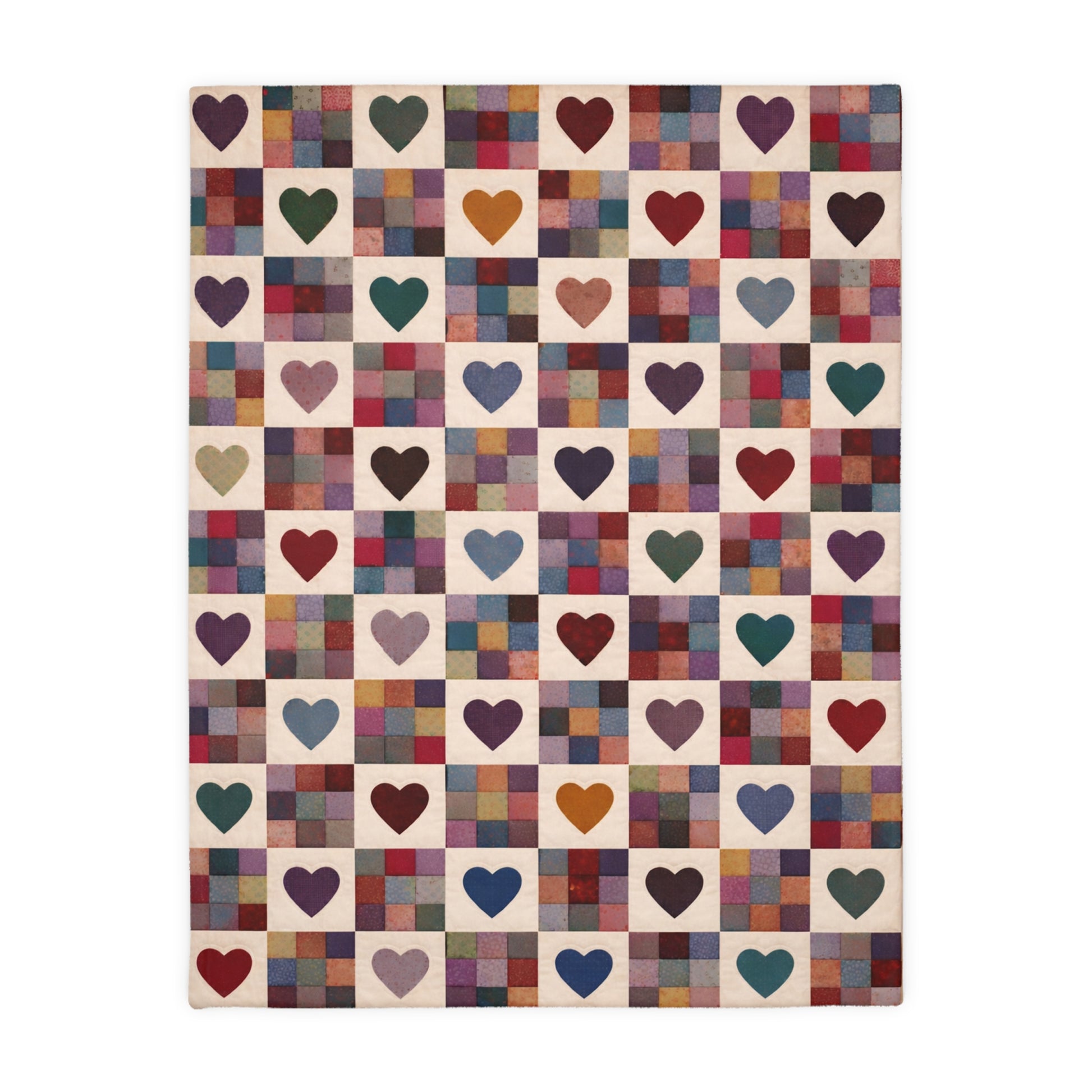 Blanket with a checkered pattern featuring multicolored hearts on a white background