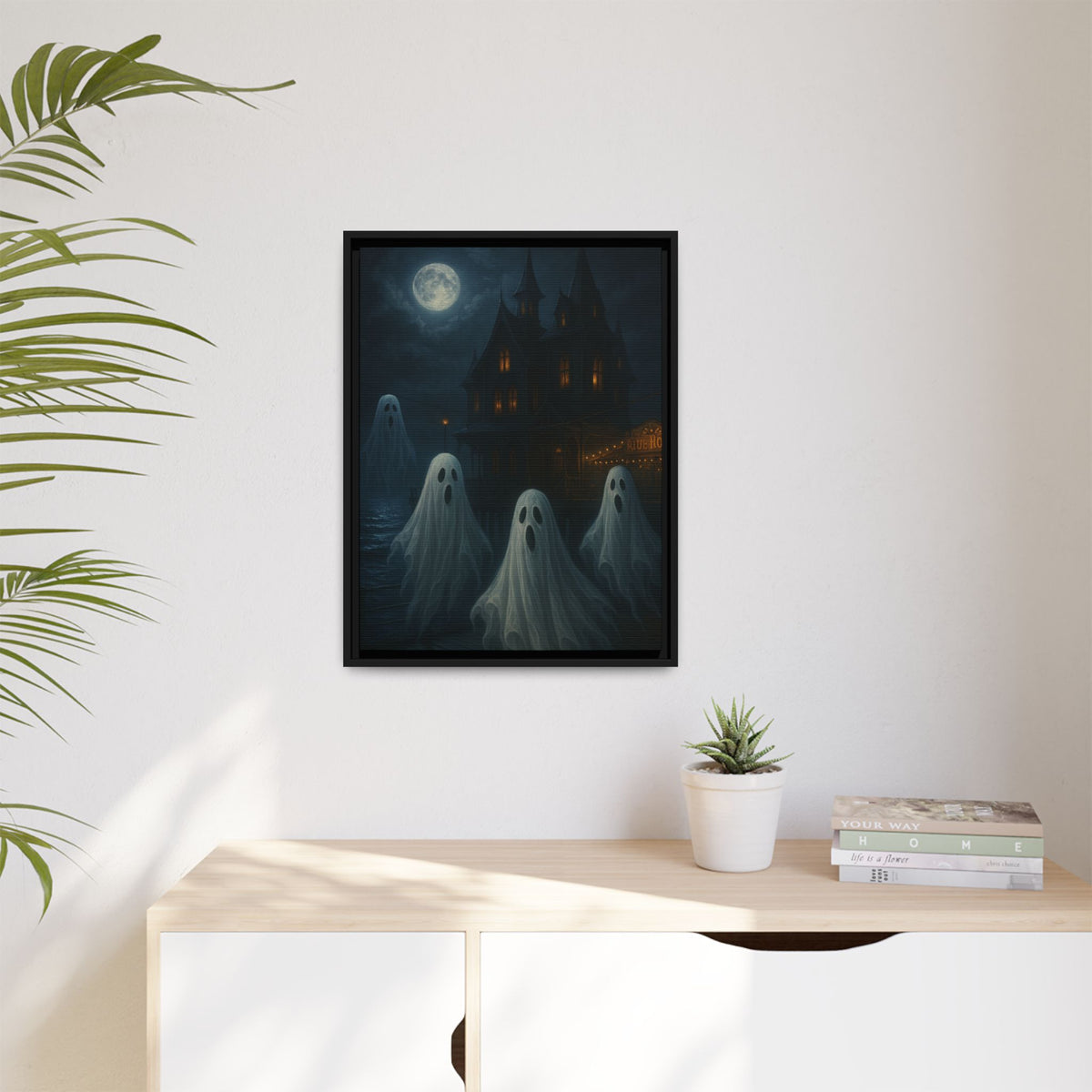 Haunted House Ghost Canvas Wall Art – Spooky Halloween Framed Art, Vintage Horror Decor, Gothic Night Scene Print
