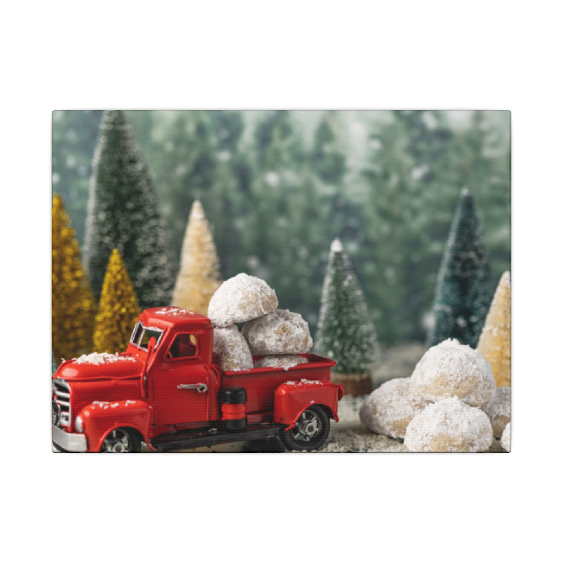 Red toy truck with snowballs in a snowy forest scene