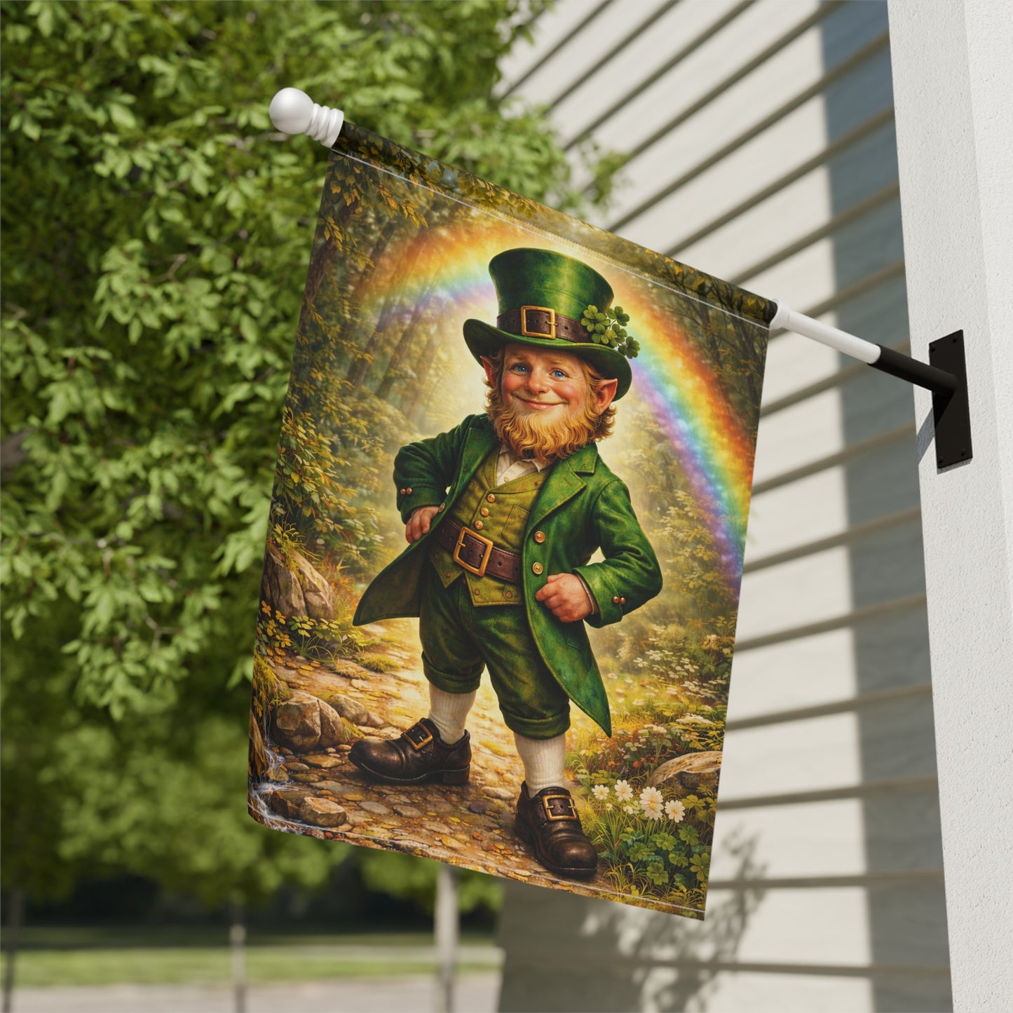 St. Patrick’s Day Leprechaun Garden Flag with Rainbow | Irish Lucky Leprechaun Yard Flag | Shamrock Spring Outdoor Decor