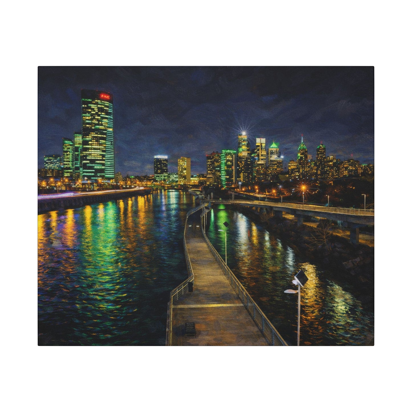 City skyline at night with illuminated buildings reflected in water, viewed from a dock.