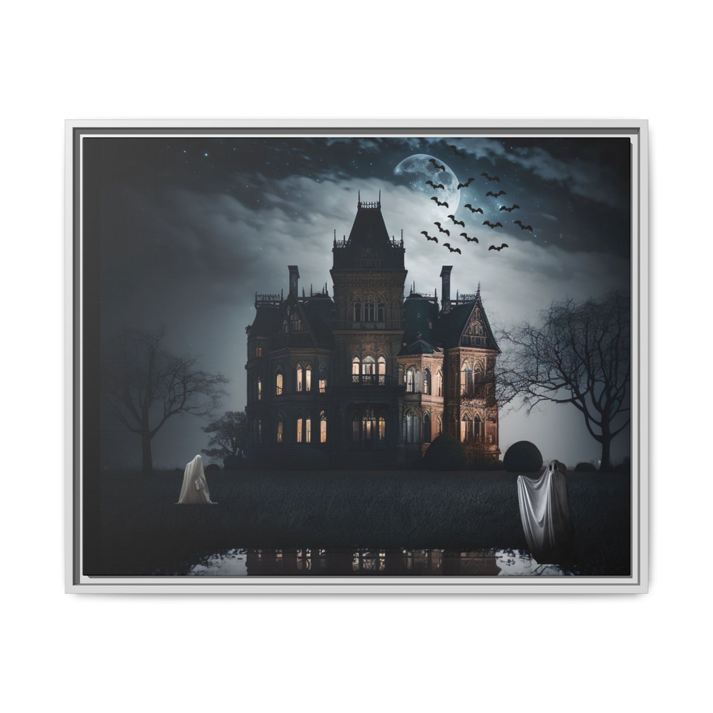 Mansion at night with ghosts and bats, framed artwork